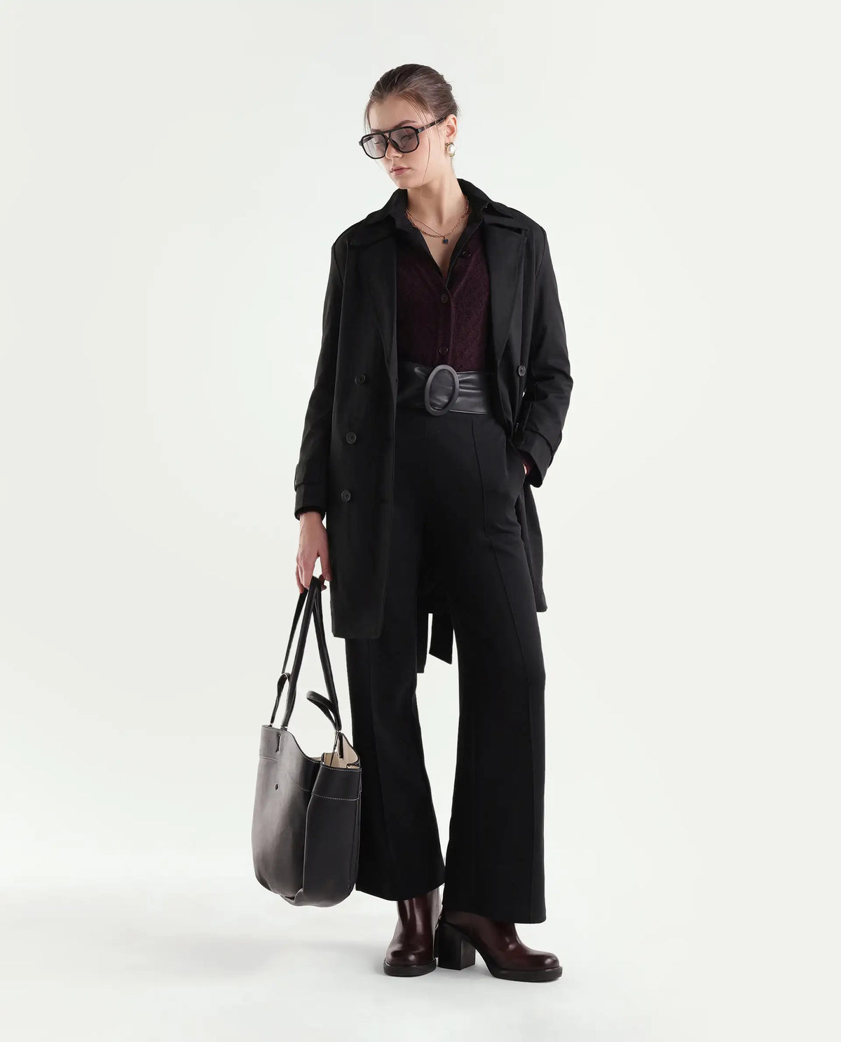 Rareism Women's Kench Black Polyester Blend Lapel Neck Relaxed Plain Coat