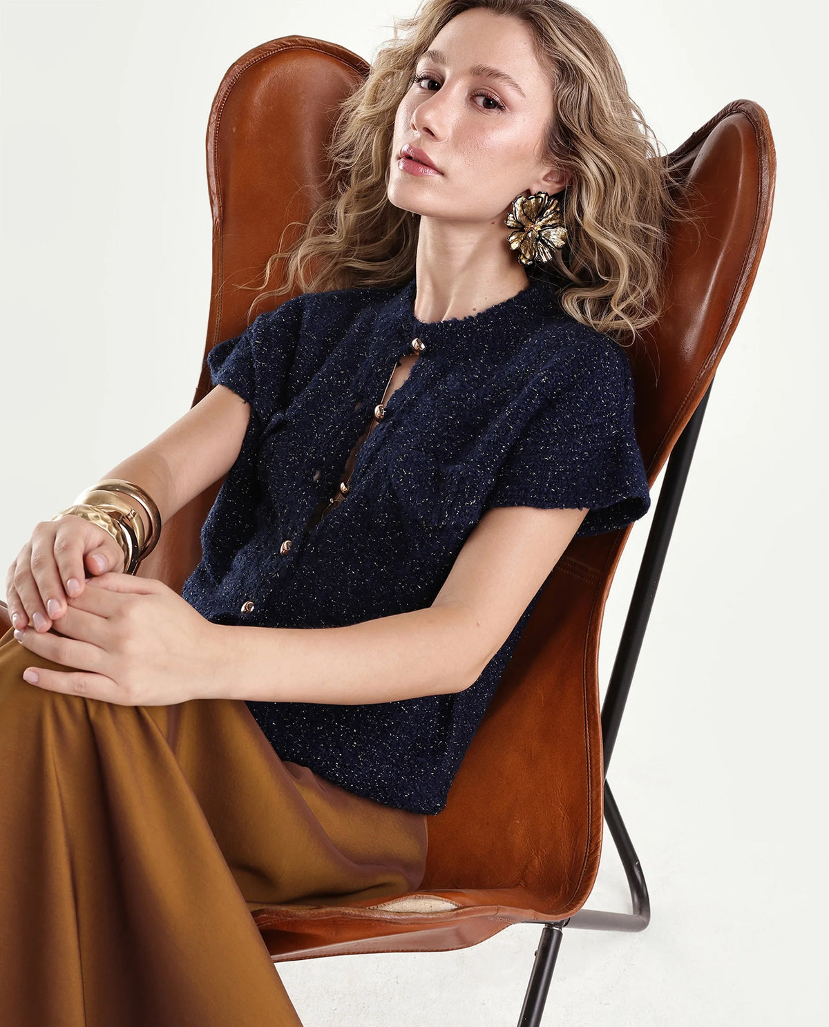 Rareism Women's Lure Dark Navy Acrylic Blend Crew Neck Relaxed Cardigan - image 1