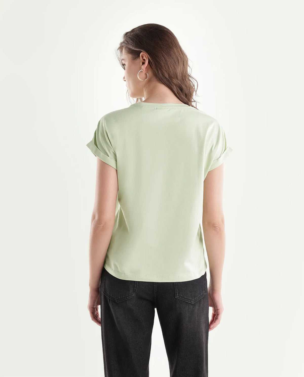 Rareism Women's Mattaduro Pastel Green Cotton Blend Crew Neck Relaxed Floral Print T-Shirt