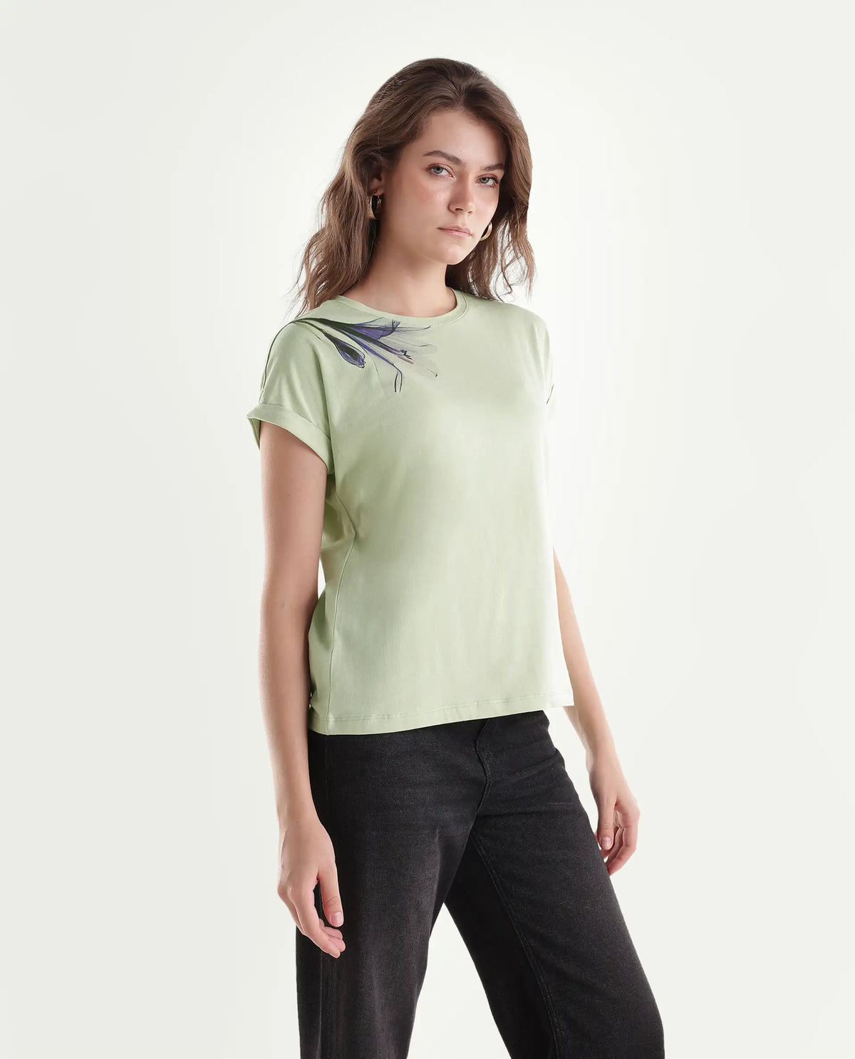 Rareism Women's Mattaduro Pastel Green Cotton Blend Crew Neck Relaxed Floral Print T-Shirt