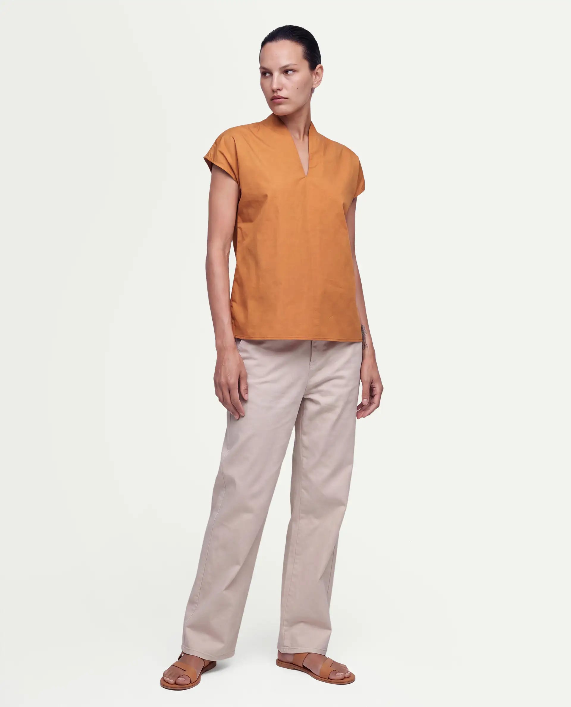 Rareism Women's Buijity Yellow Cotton Blend Stand Collar Regular Plain Top