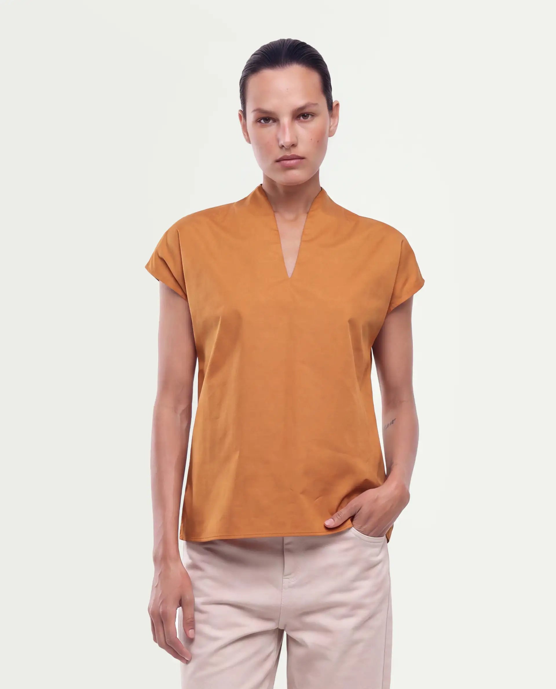 Rareism Women's Buijity Yellow Cotton Blend Stand Collar Regular Plain Top