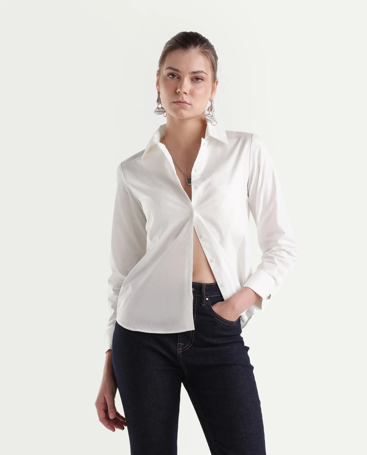 Rareism Women's Ronwio Light White Cotton Spread Collar Regular Plain Shirt