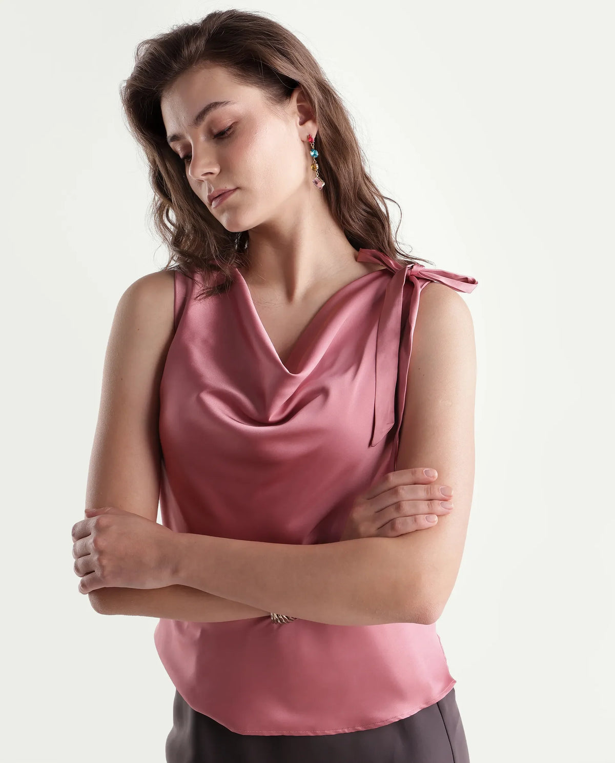 Rareism Women's Snicketti Pastel Pink Cotton Blend Cowl Neck Regular Plain Top