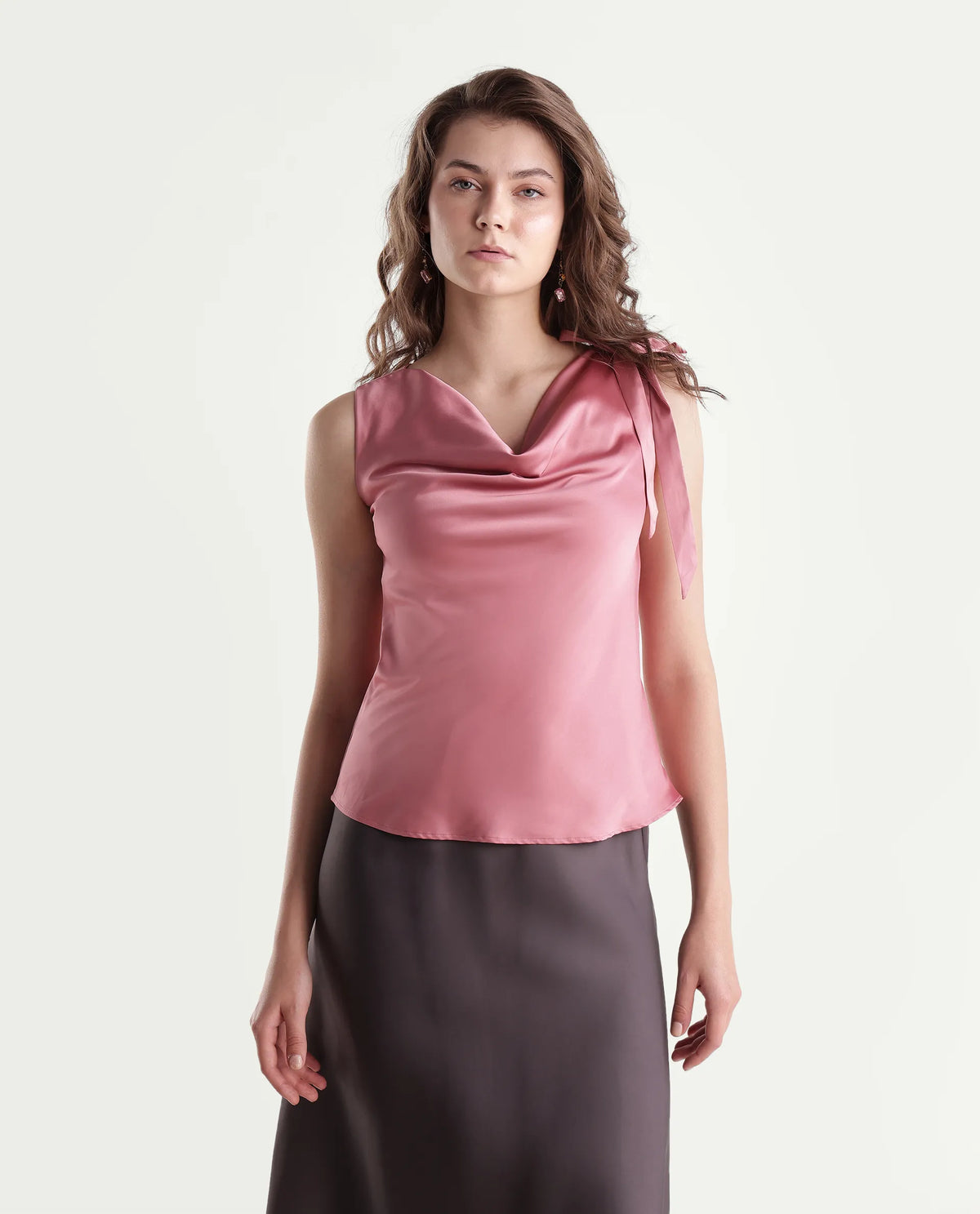 Rareism Women's Snicketti Pastel Pink Cotton Blend Cowl Neck Regular Plain Top
