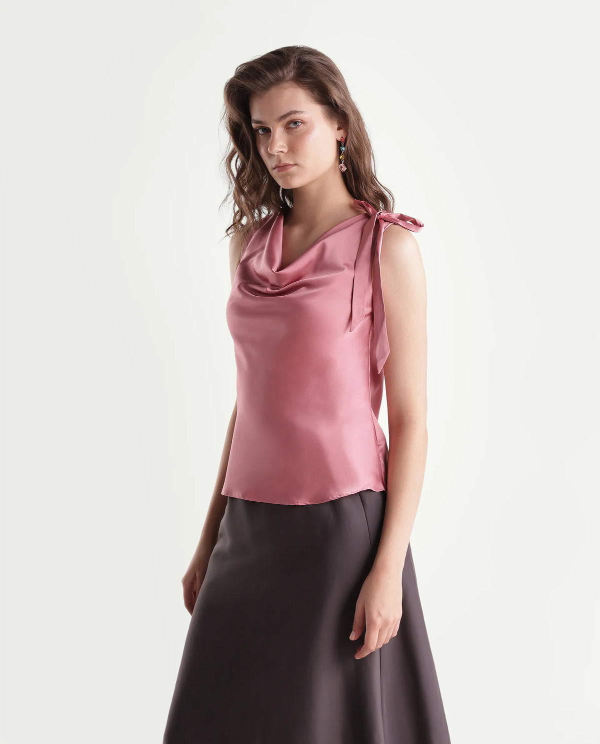 Rareism Women's Snicketti Pastel Pink Cotton Blend Cowl Neck Regular Plain Top
