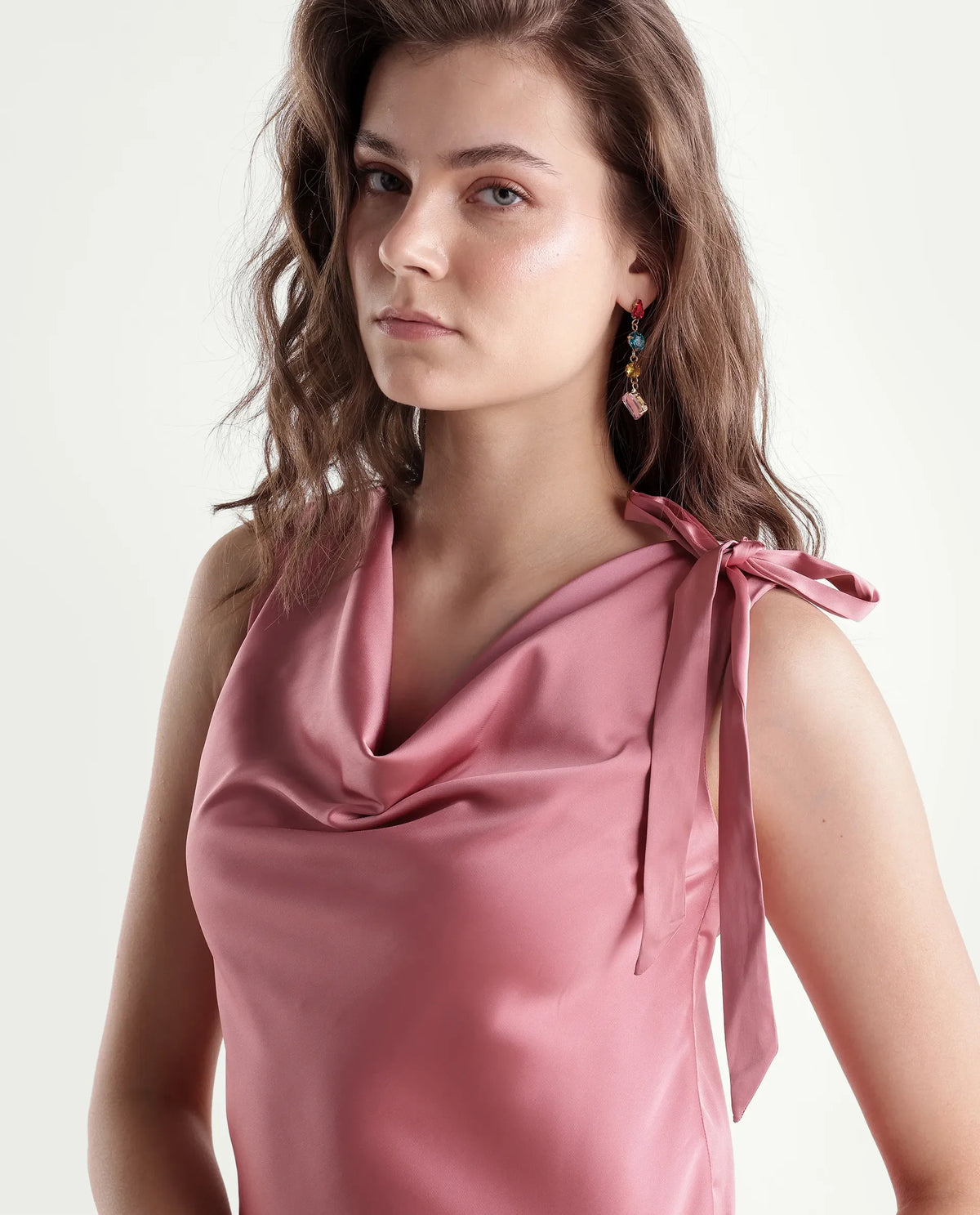 Rareism Women's Snicketti Pastel Pink Cotton Blend Cowl Neck Regular Plain Top