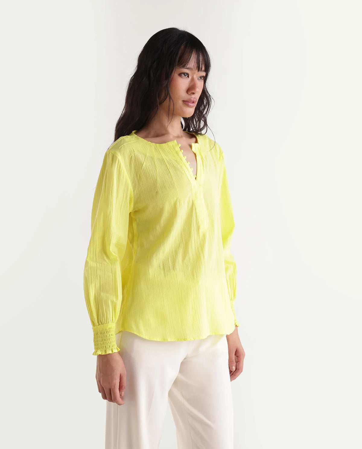Rareism Women's Mante Yellow Cotton V-Neck Regular Plain Top