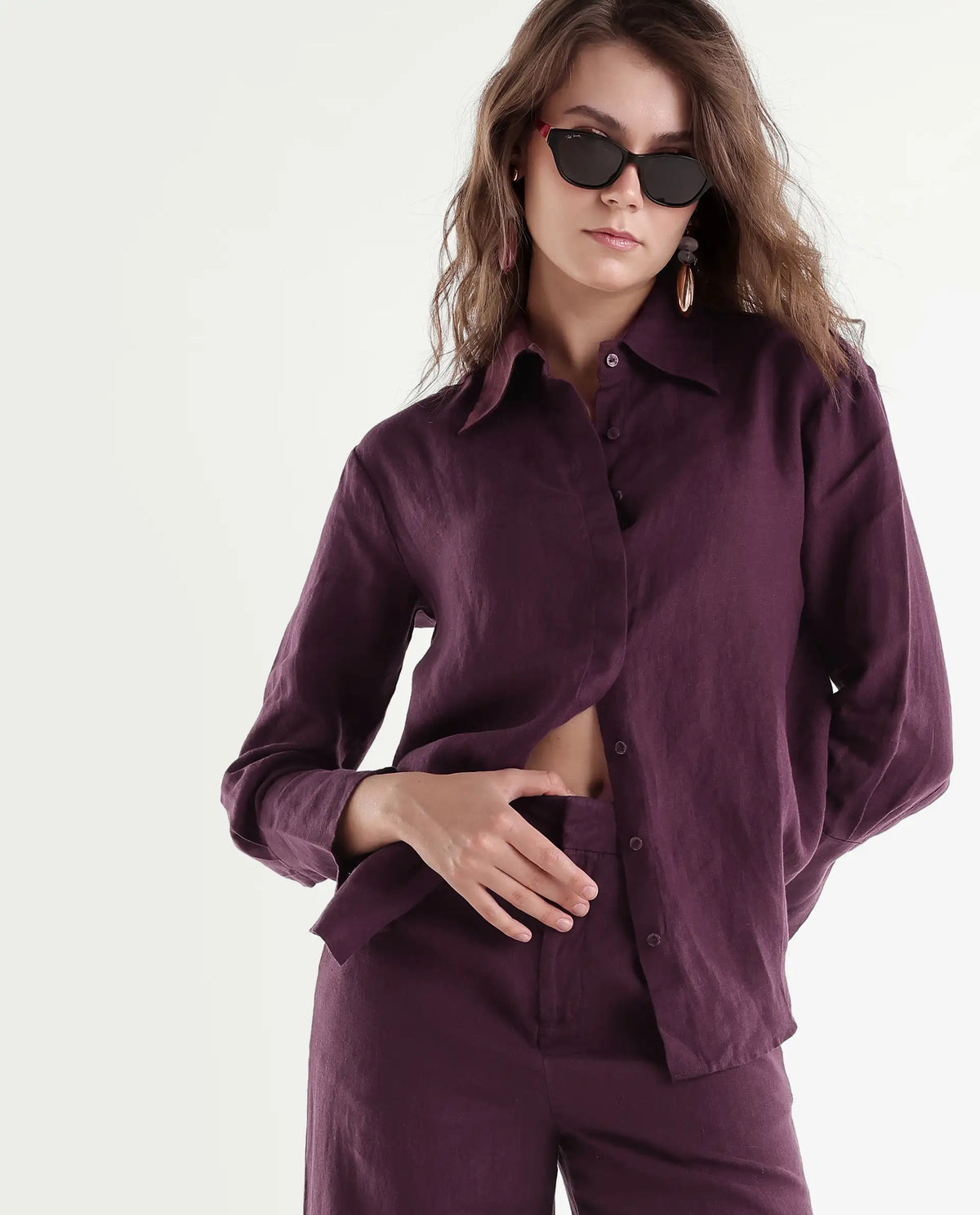 Rareism Women's Rubo Dusky Maroon 100% Linen Spread Collar Relaxed Plain Shirt
