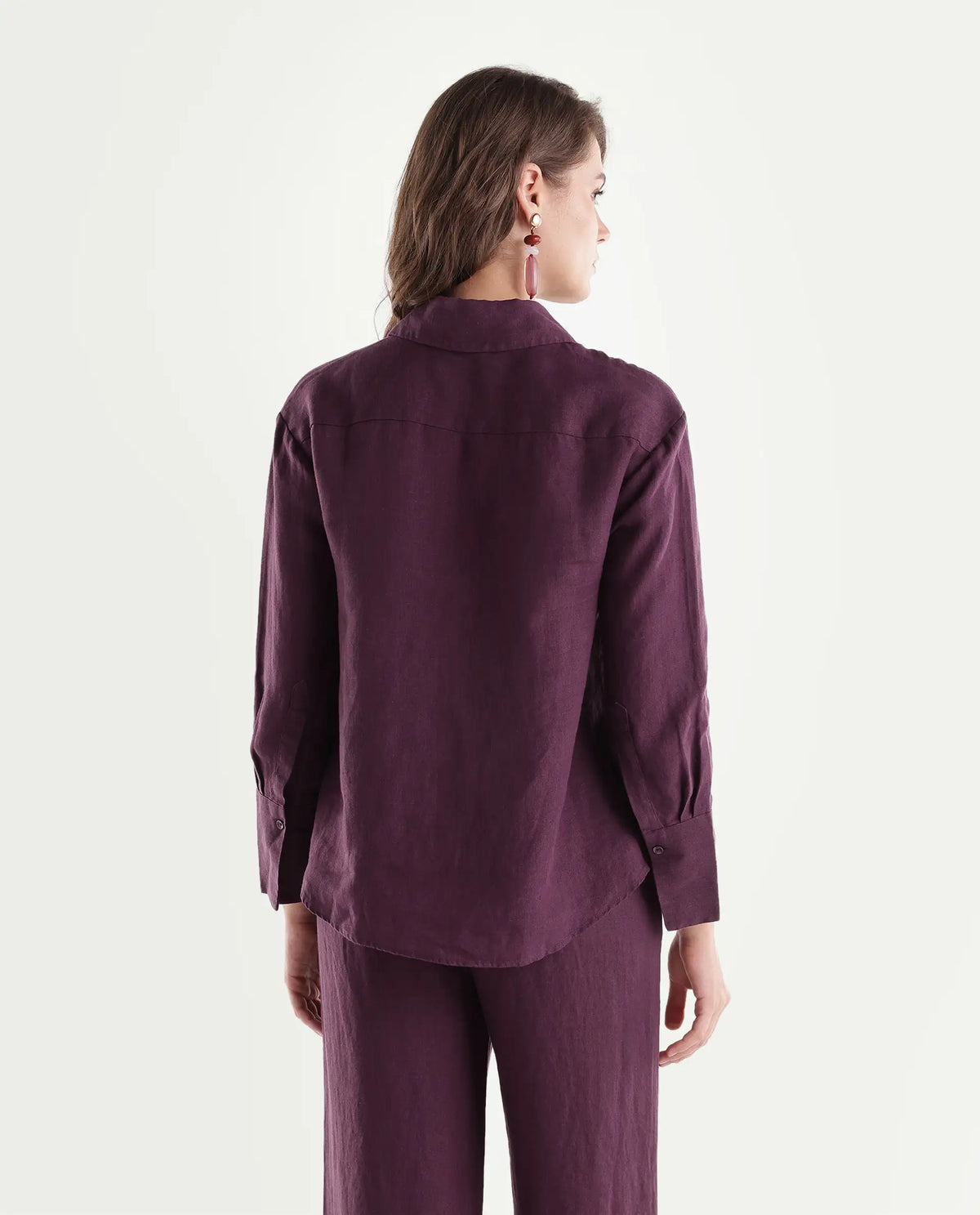 Rareism Women's Rubo Dusky Maroon 100% Linen Spread Collar Relaxed Plain Shirt