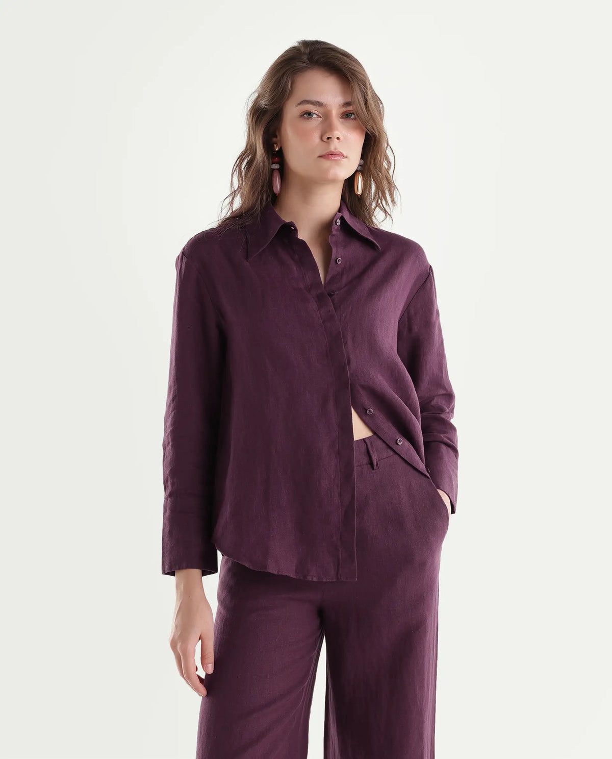 Rareism Women's Rubo Dusky Maroon 100% Linen Spread Collar Relaxed Plain Shirt