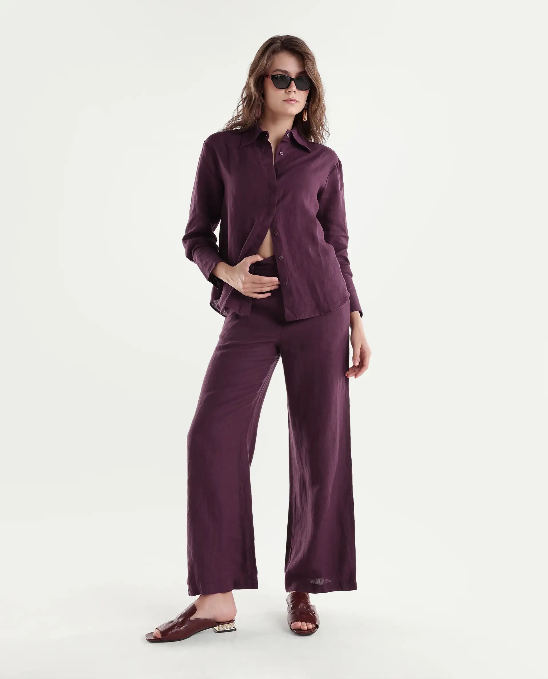 Rareism Women's Rubo Dusky Maroon 100% Linen Spread Collar Relaxed Plain Shirt