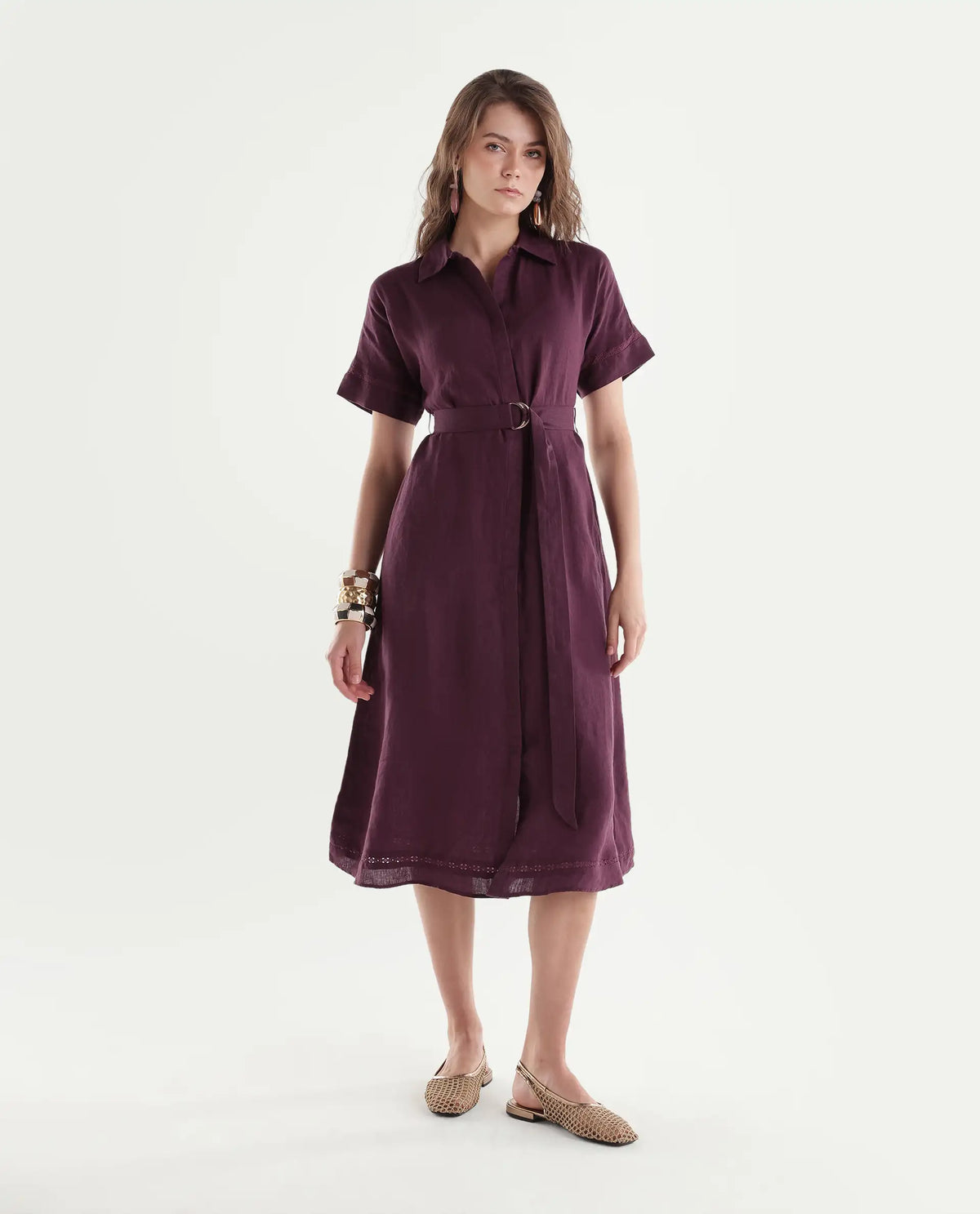 Rareism Women's Rubot Dusky Maroon 100% Linen Spread Collar Fit And Flare Plain Dress