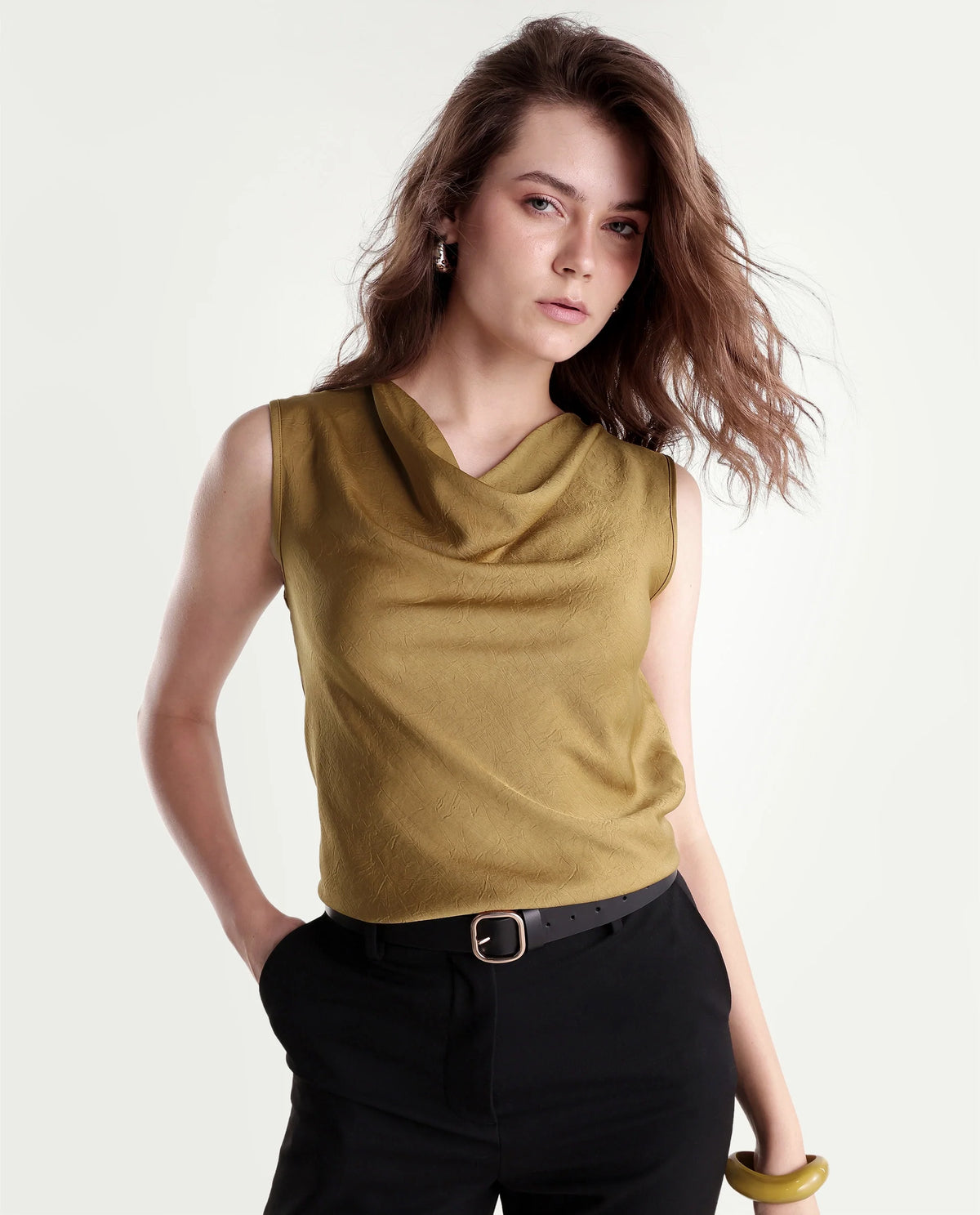 Rareism Women's Xango Gold Polyester Cowl Neck Regular Plain Top