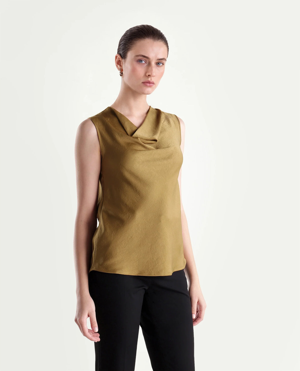 Rareism Women's Xango Gold Polyester Cowl Neck Regular Plain Top