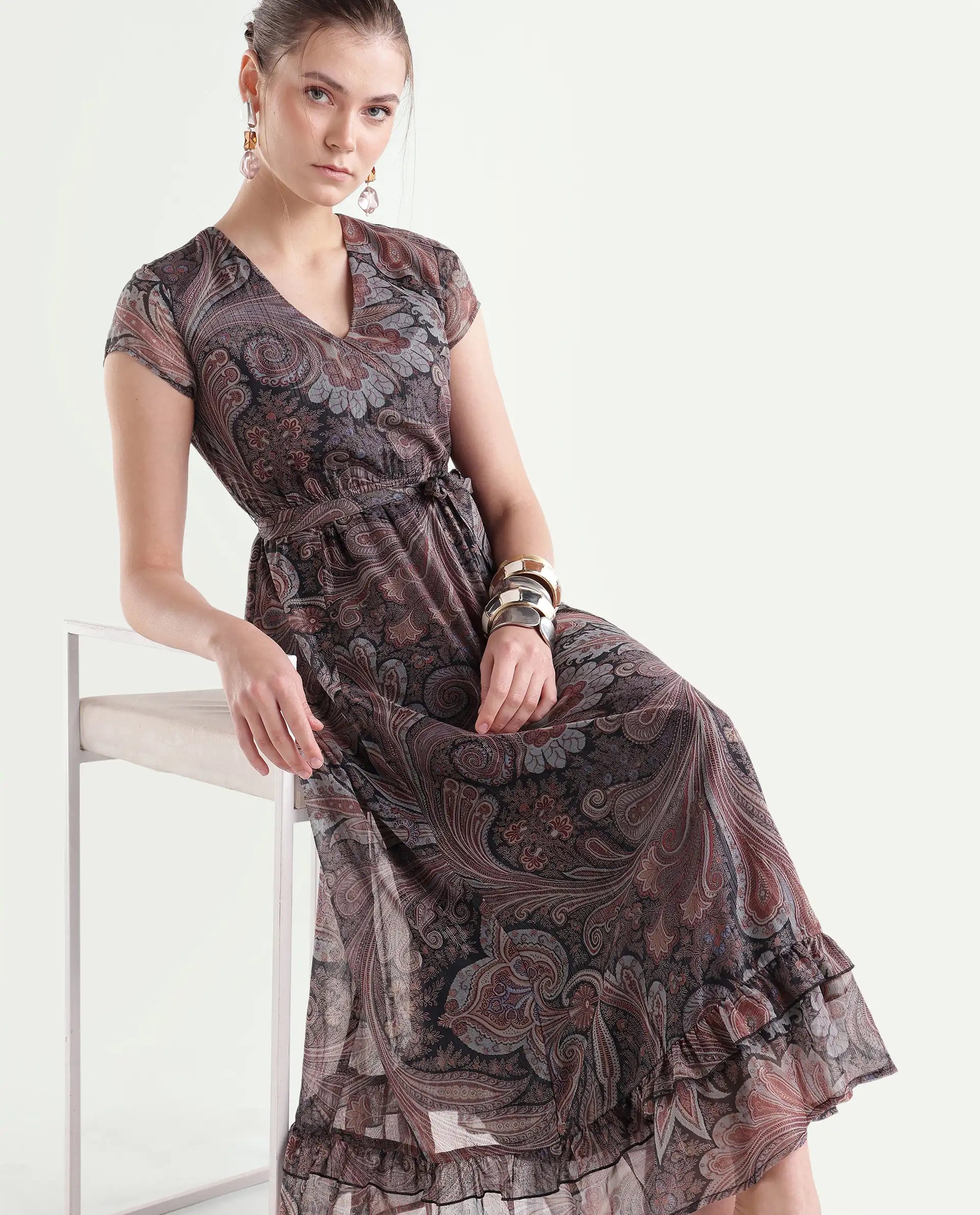 Rareism Women's Xaviera Multi Polyester Blend V-Neck Fit And Flare Paisley Dress