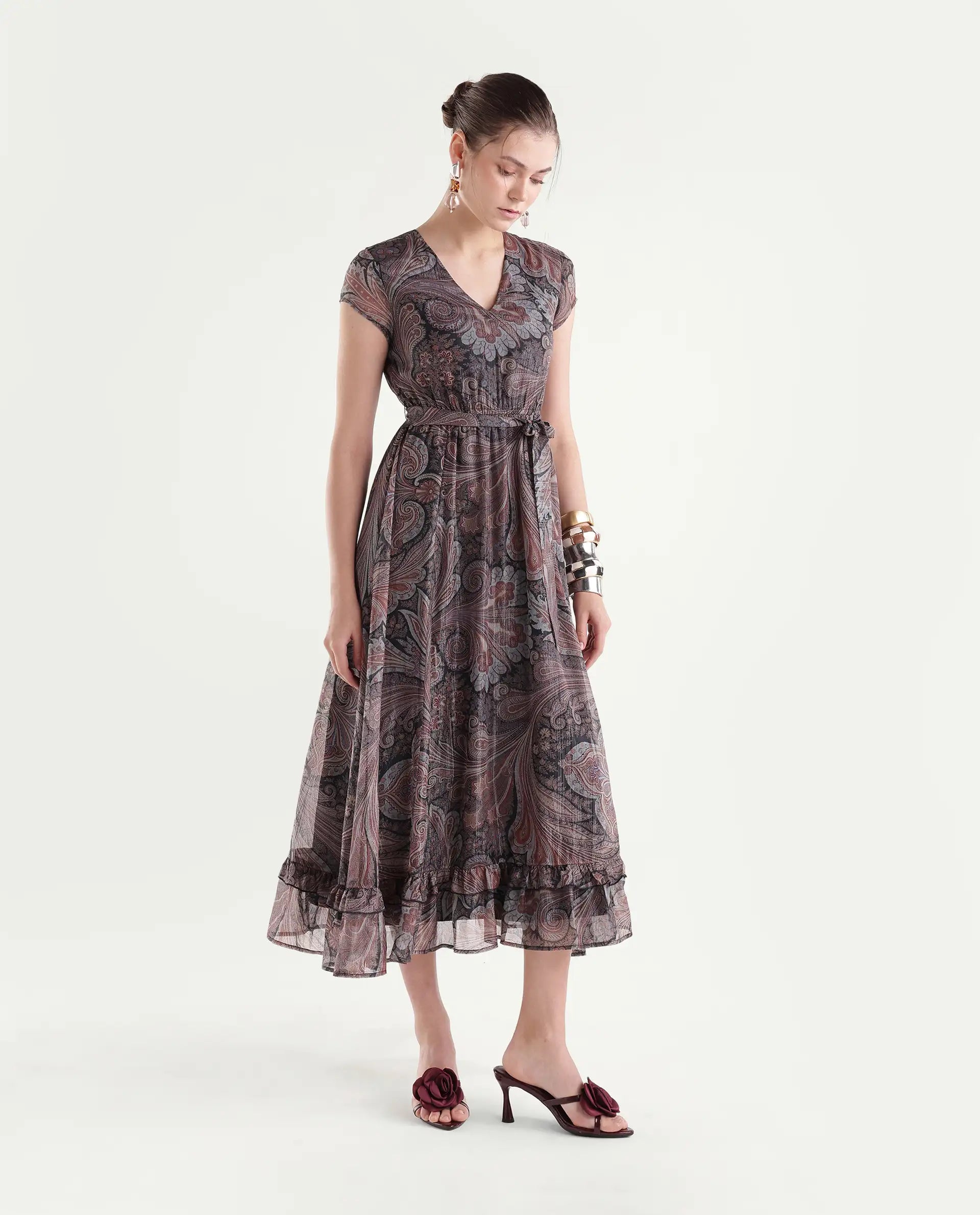 Rareism Women's Xaviera Multi Polyester Blend V-Neck Fit And Flare Paisley Dress