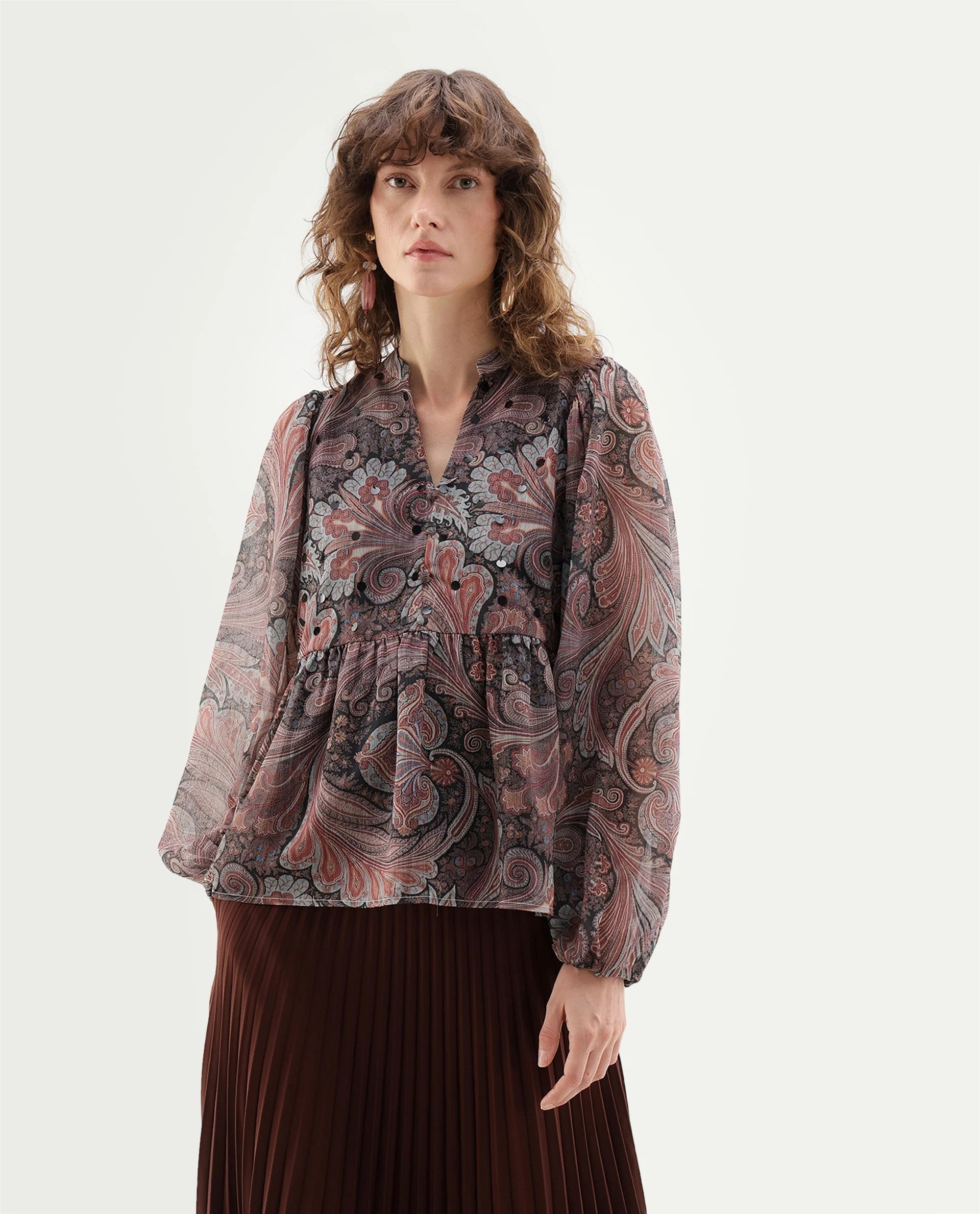 Rareism Women's Xavion Multi Polyester Blend V-Neck Peplum Paisley Top