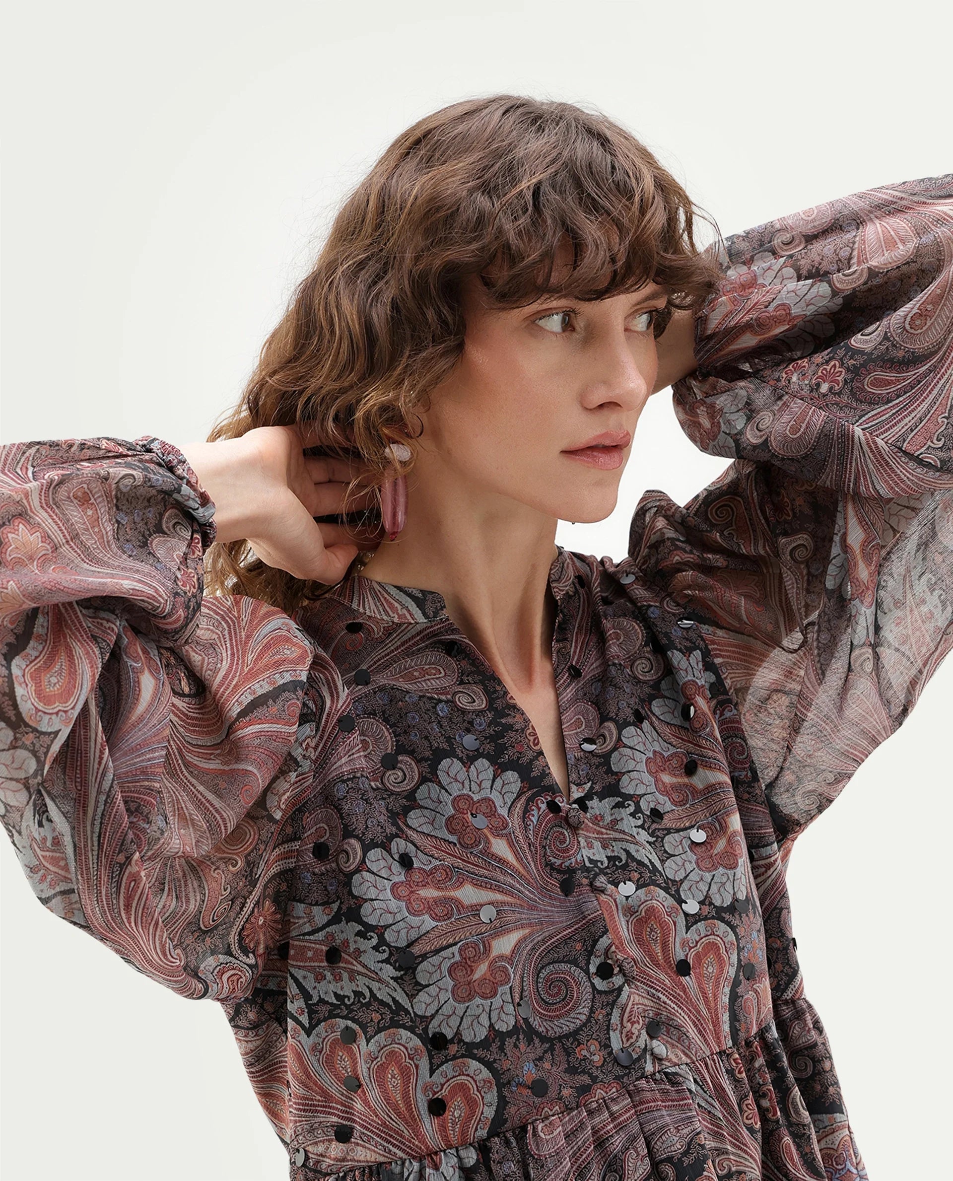Rareism Women's Xavion Multi Polyester Blend V-Neck Peplum Paisley Top