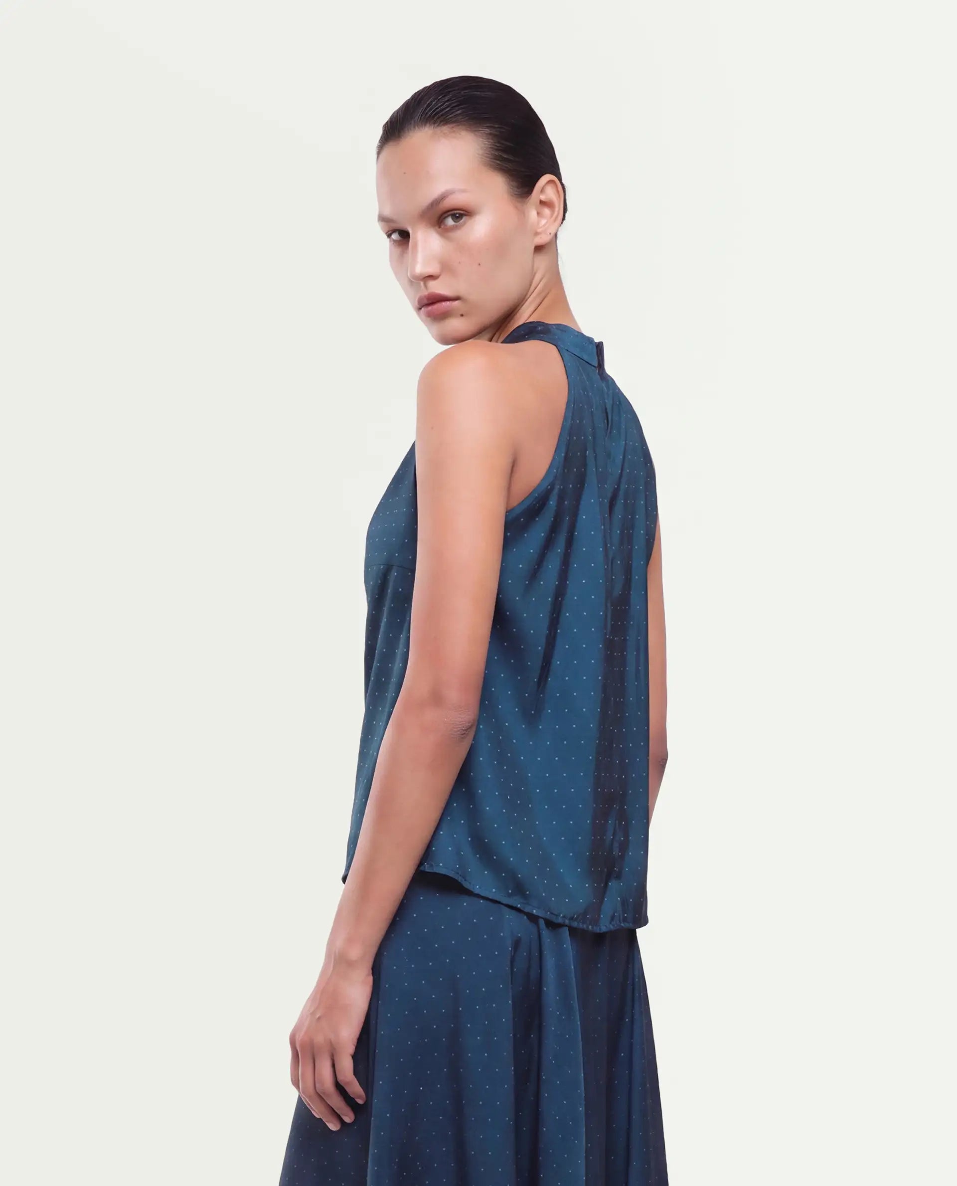 Rareism Women's Xivinij-T Teal Viscose Blend Halter Neck Regular Plain Top