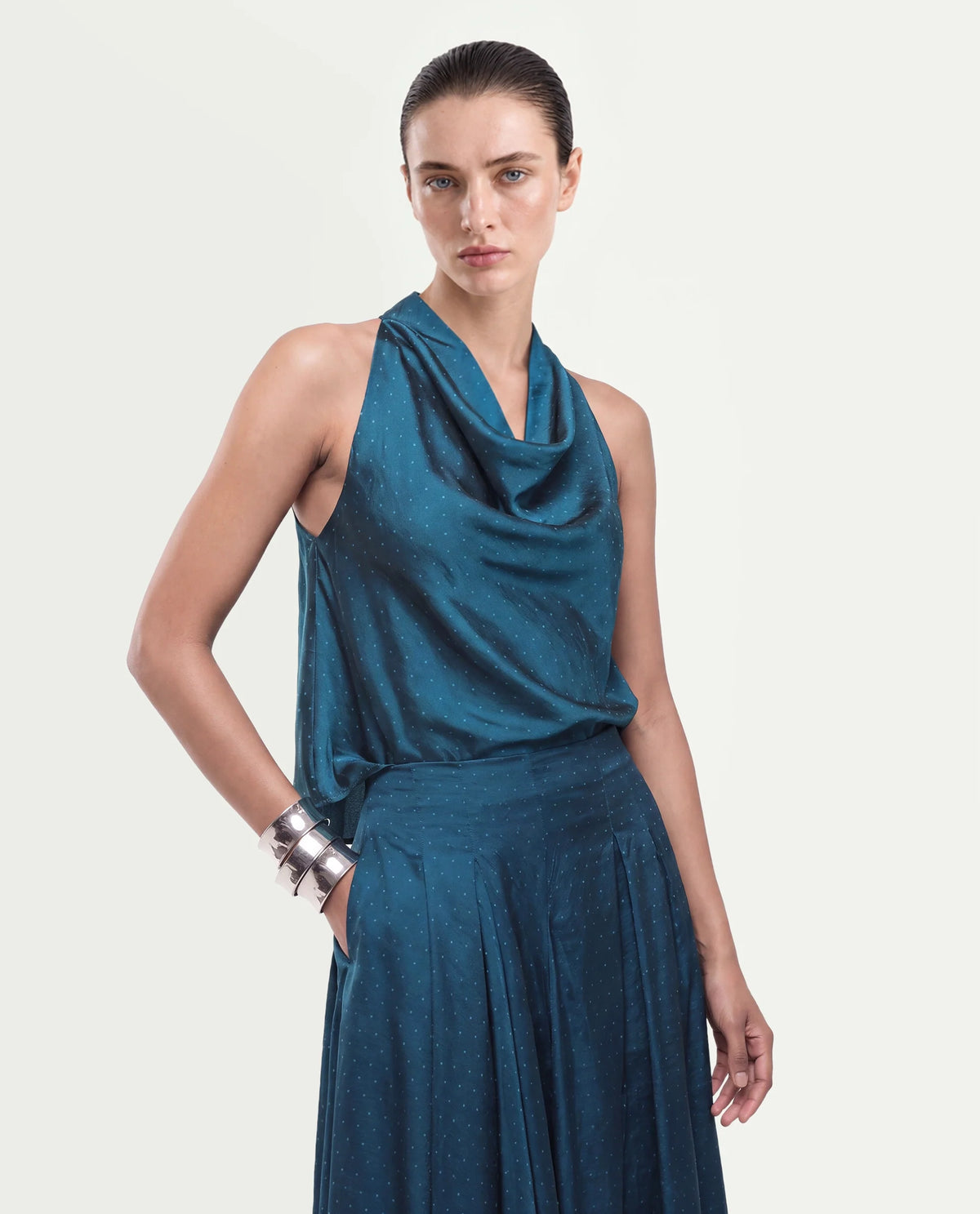 Rareism Women's Xivinij-T Teal Viscose Blend Halter Neck Regular Plain Top