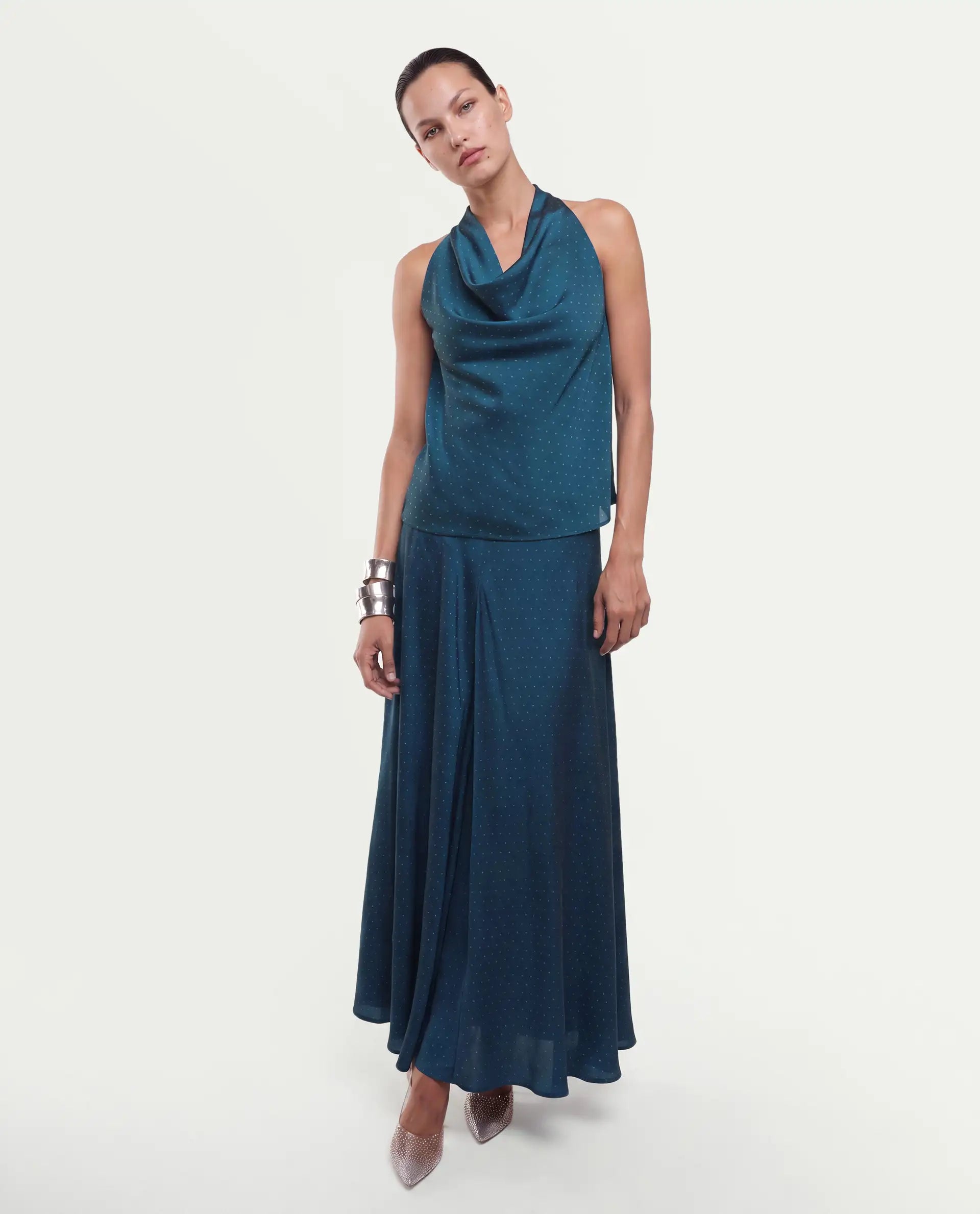 Rareism Women's Xivinij-T Teal Viscose Blend Halter Neck Regular Plain Top