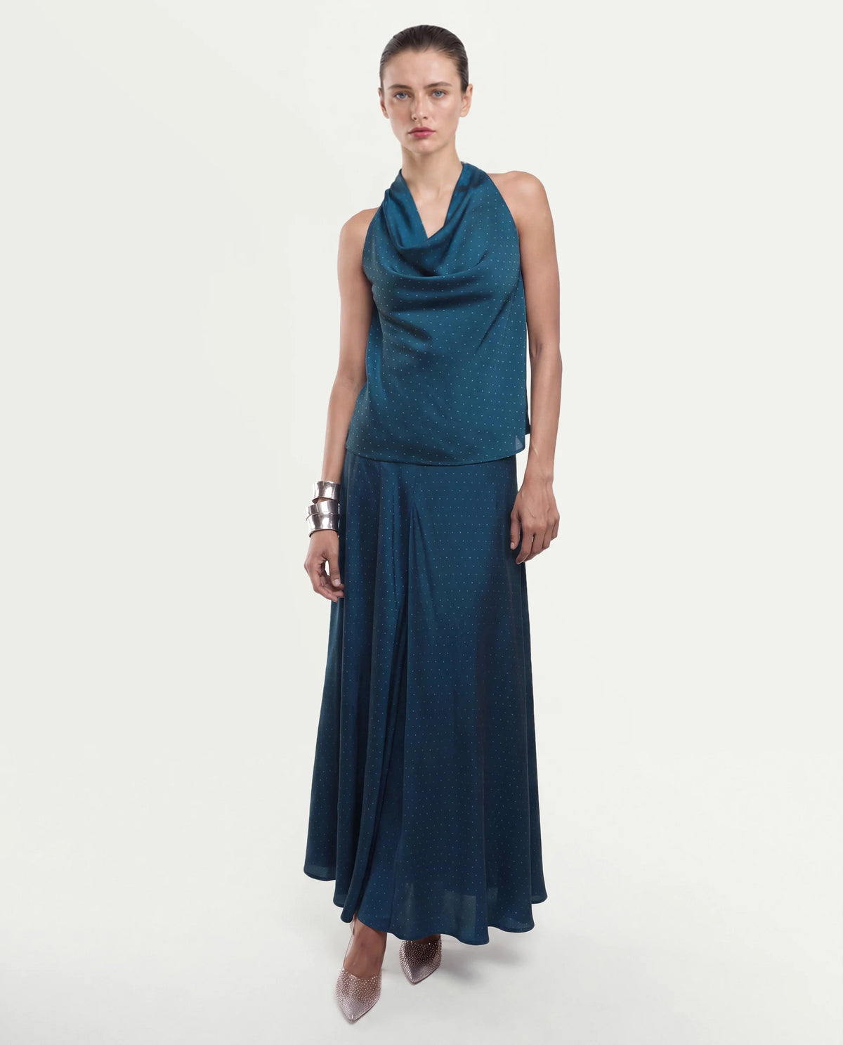 Rareism Women's Xivinij-T Teal Viscose Blend Halter Neck Regular Plain Top