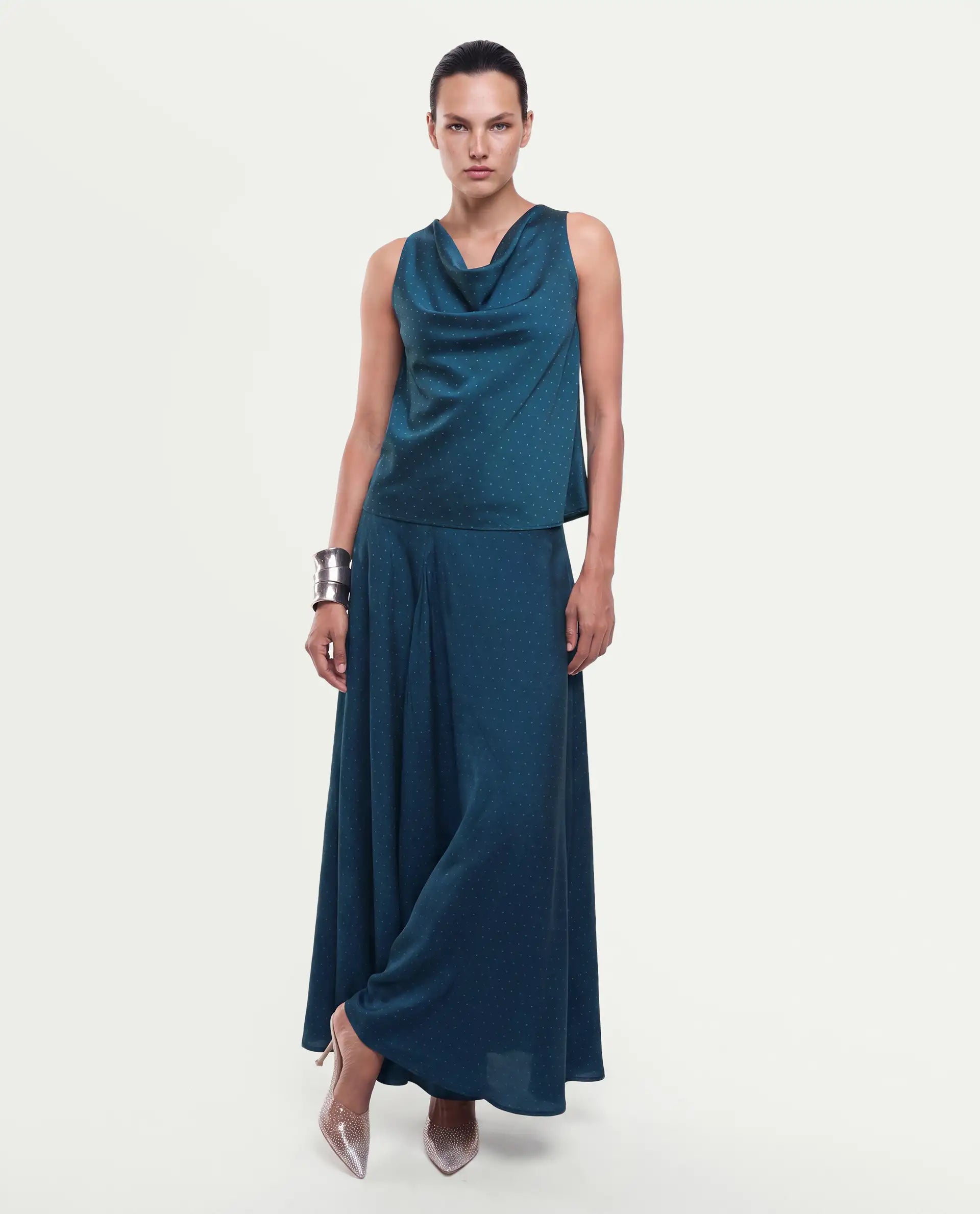 Rareism Women's Xivinij-B Teal Viscose Blend Flared Plain Skirt