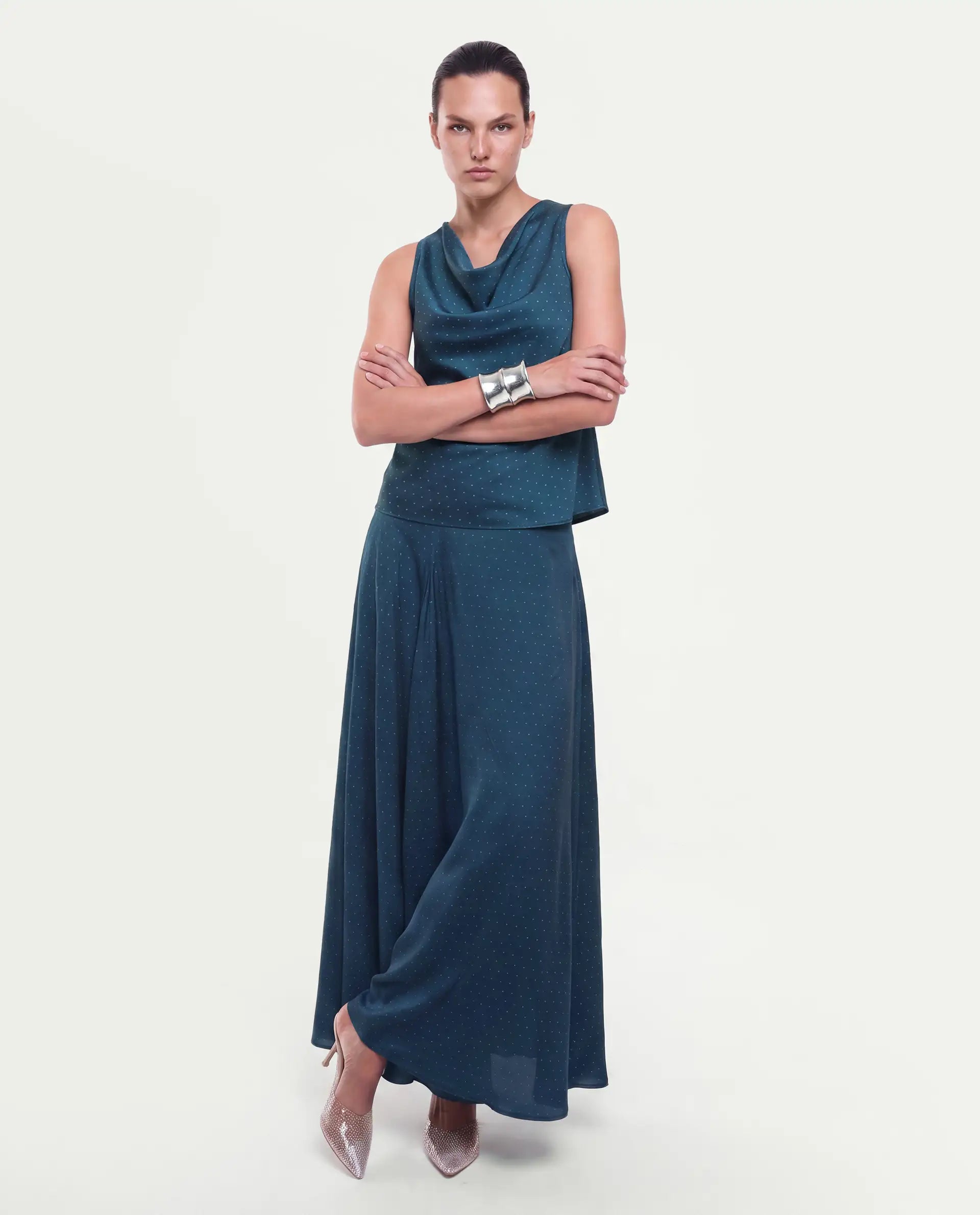 Rareism Women's Xivinij-B Teal Viscose Blend Flared Plain Skirt