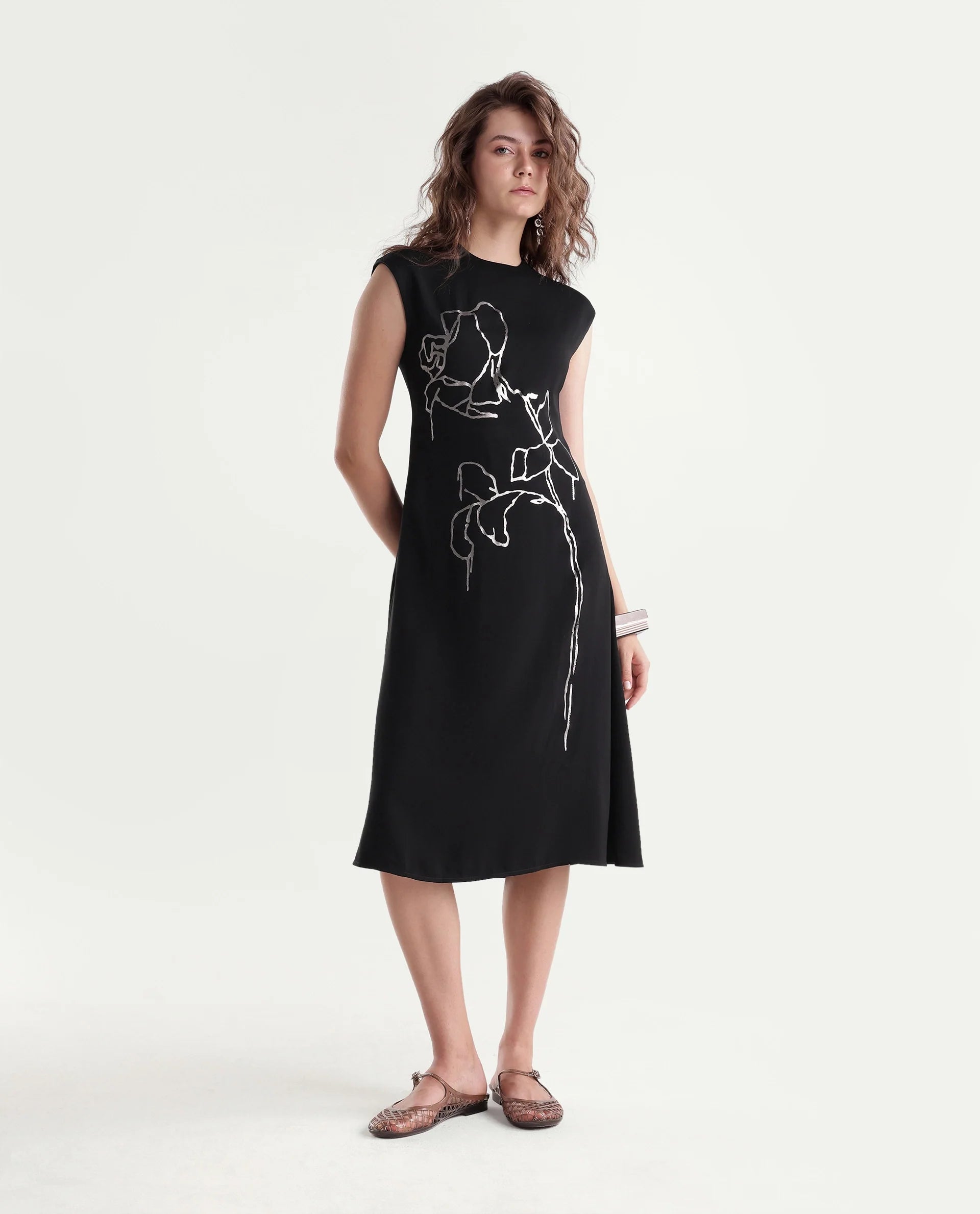 Rareism Women's Xaria Black Polyester High Neck Sheath Floral Print Dress