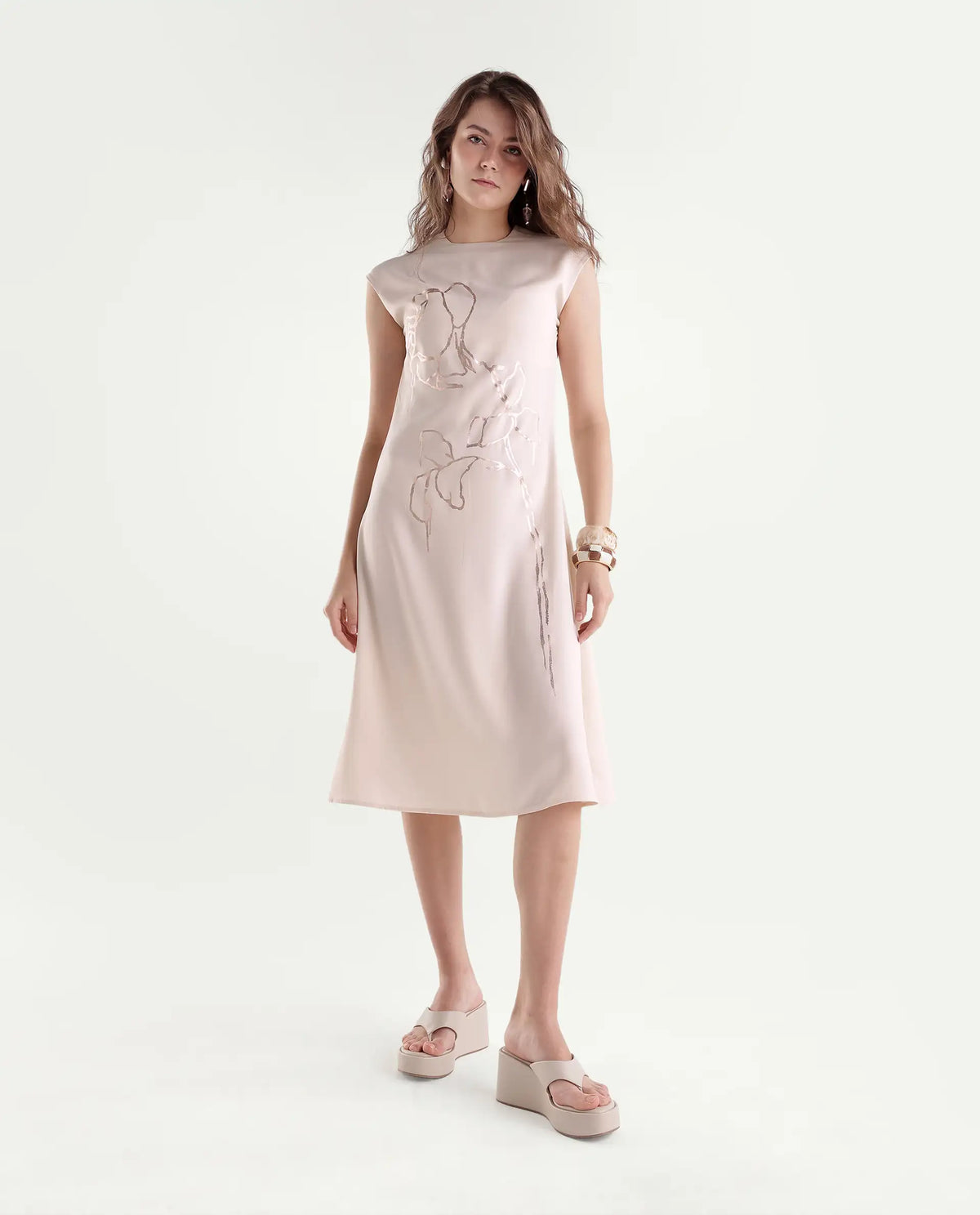 Rareism Women's Xaria Off White Polyester High Neck Sheath Floral Print Dress