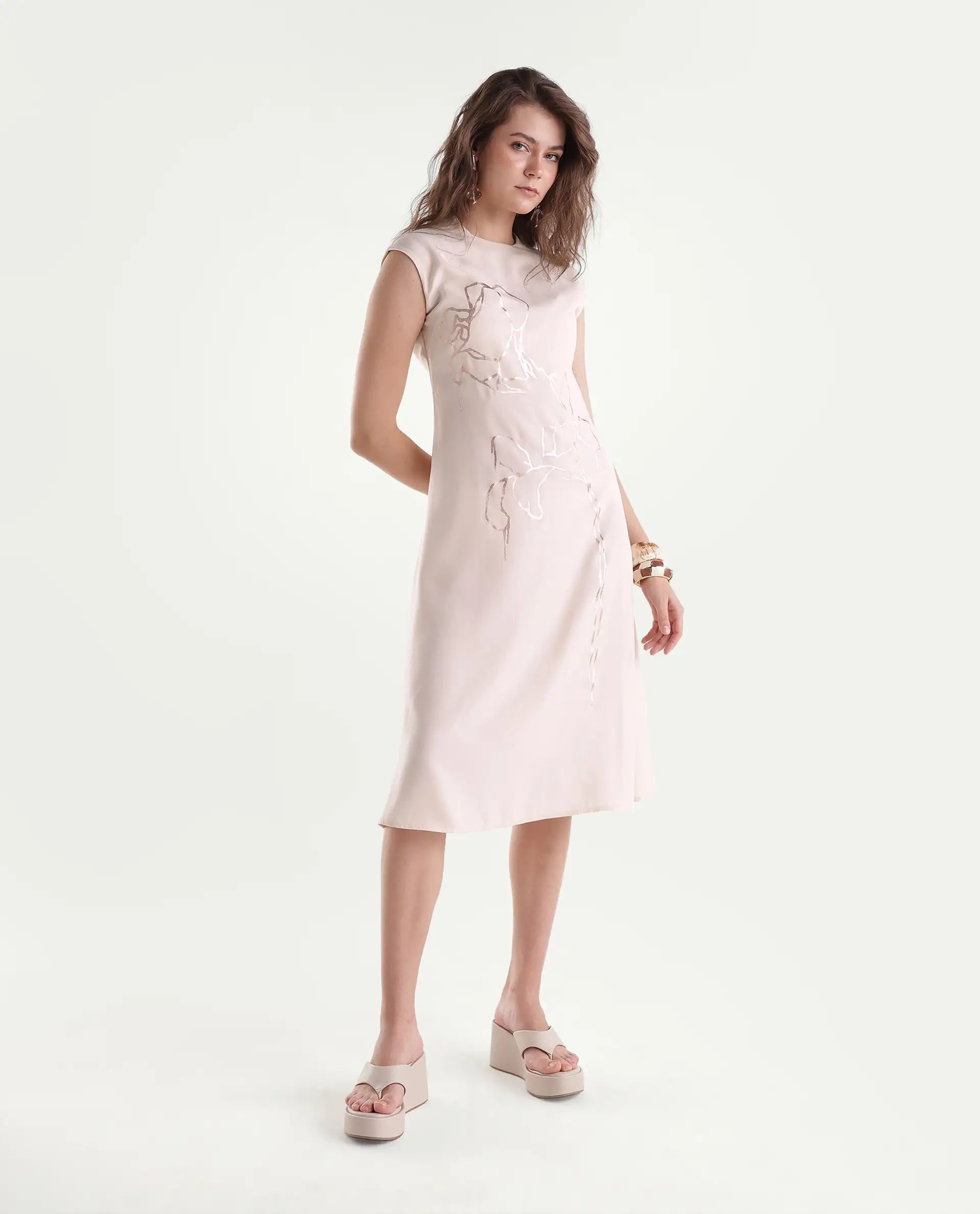 Rareism Women's Xaria Off White Polyester High Neck Sheath Floral Print Dress