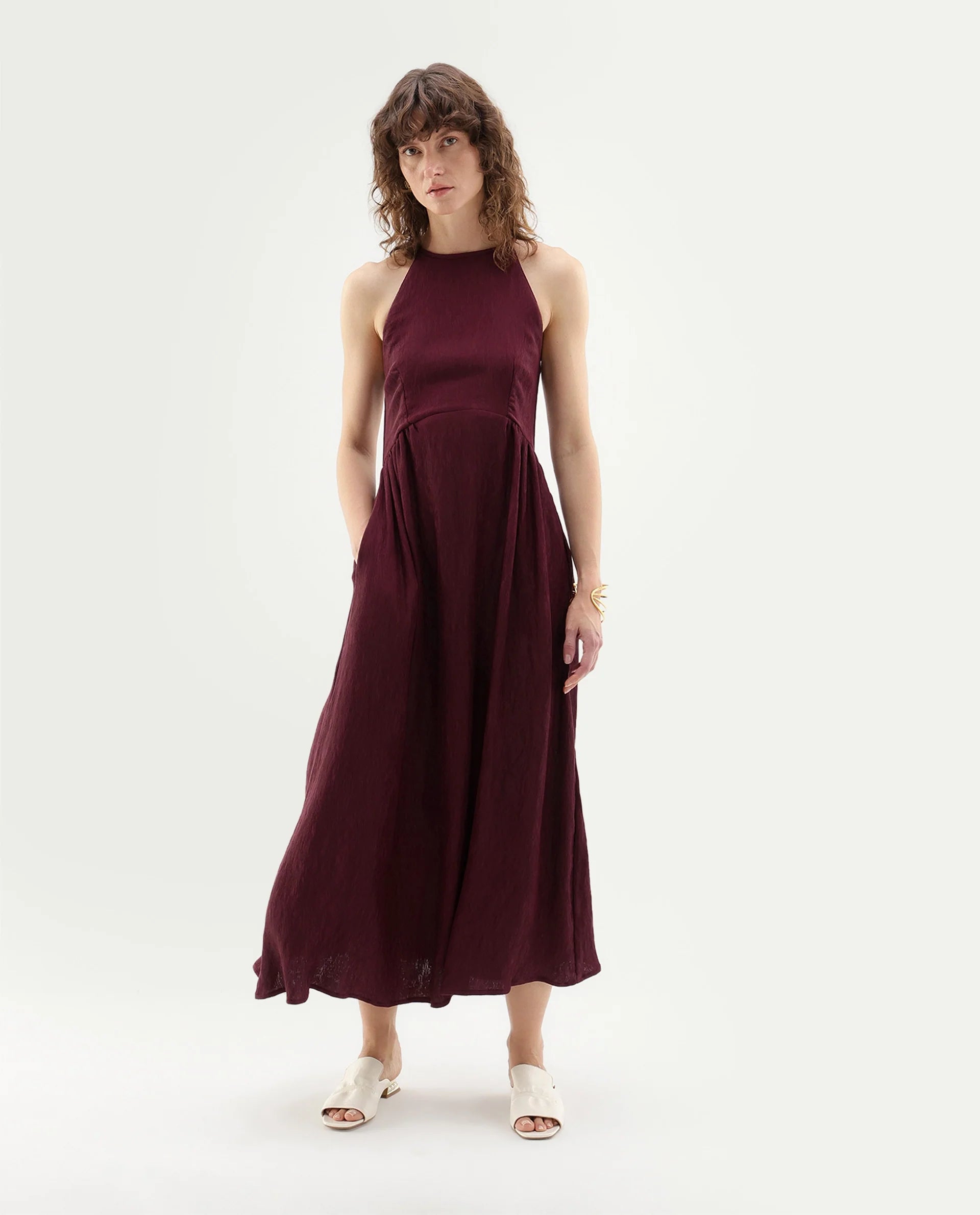 Rareism Women's Xabot Maroon Viscose Blend Halter Neck Sheath Plain Dress