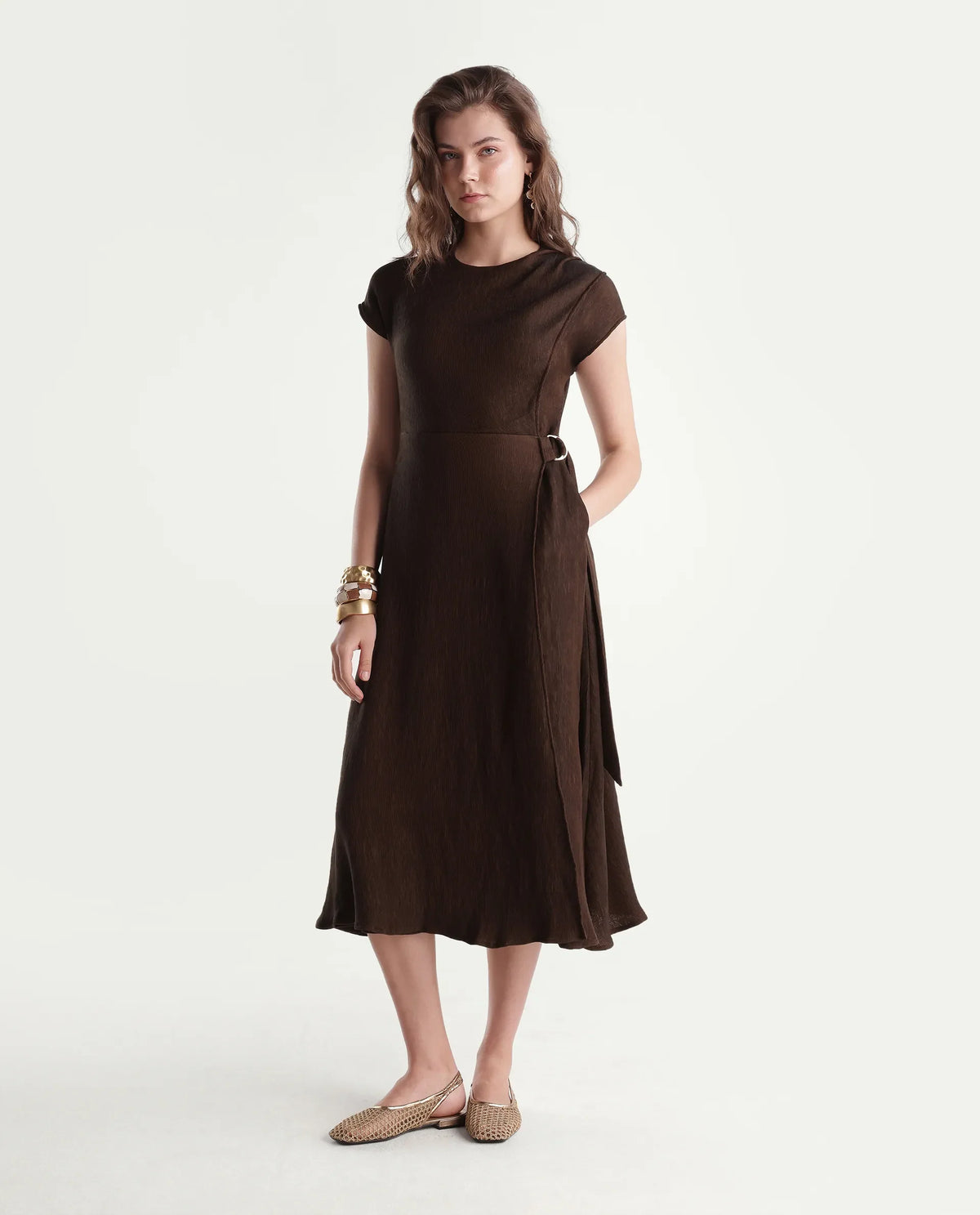Rareism Women's Xara Dark Brown Viscose Blend Crew Neck Fit And Flare Plain Dress