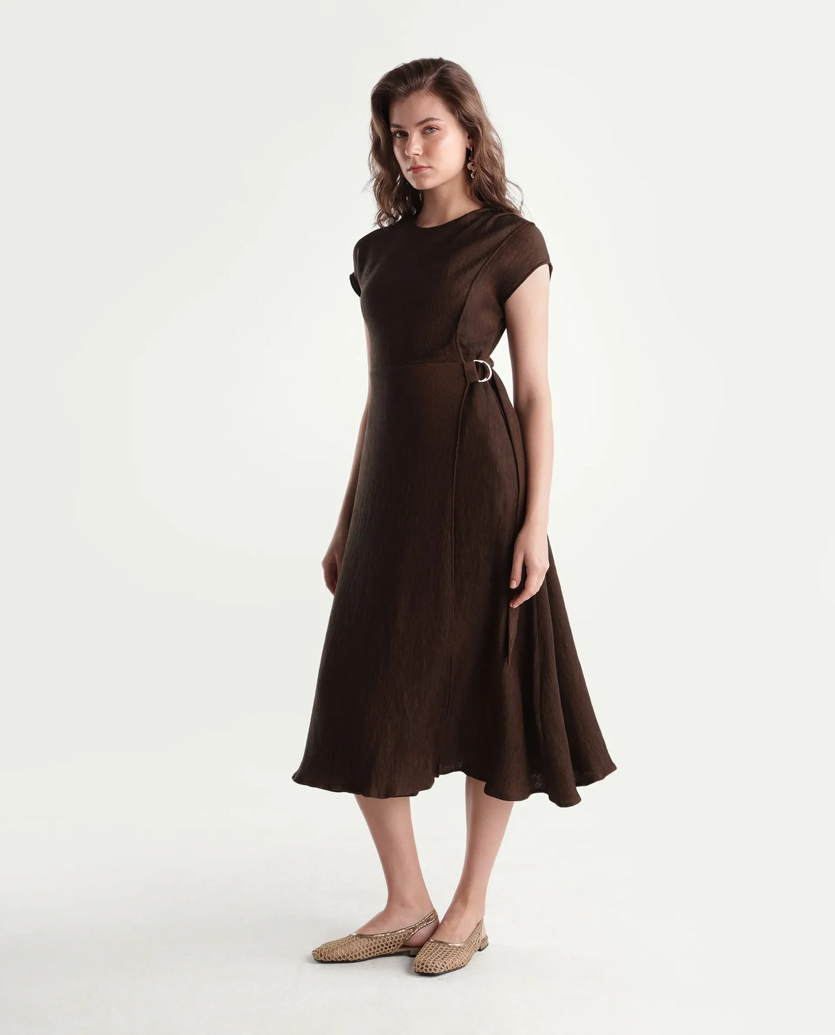 Rareism Women's Xara Dark Brown Viscose Blend Crew Neck Fit And Flare Plain Dress