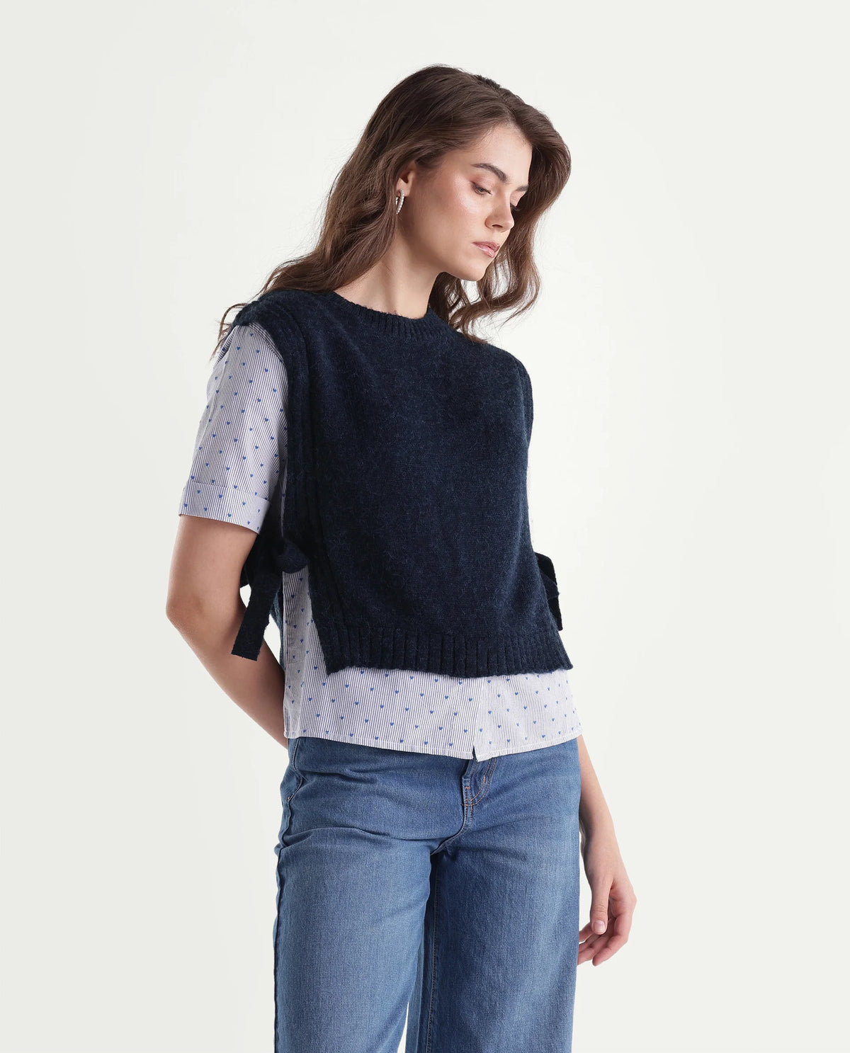 Rareism Women's Liro Primary Navy Acrylic Blend Crew Neck Regular Striped Top