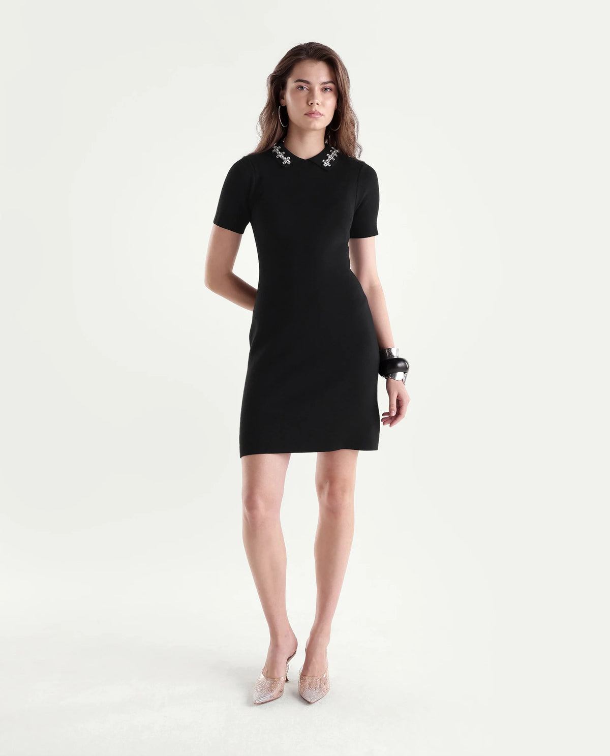 Rareism Women's Less Primary Black Viscose Blend Spread Collar Fitted Plain Dress