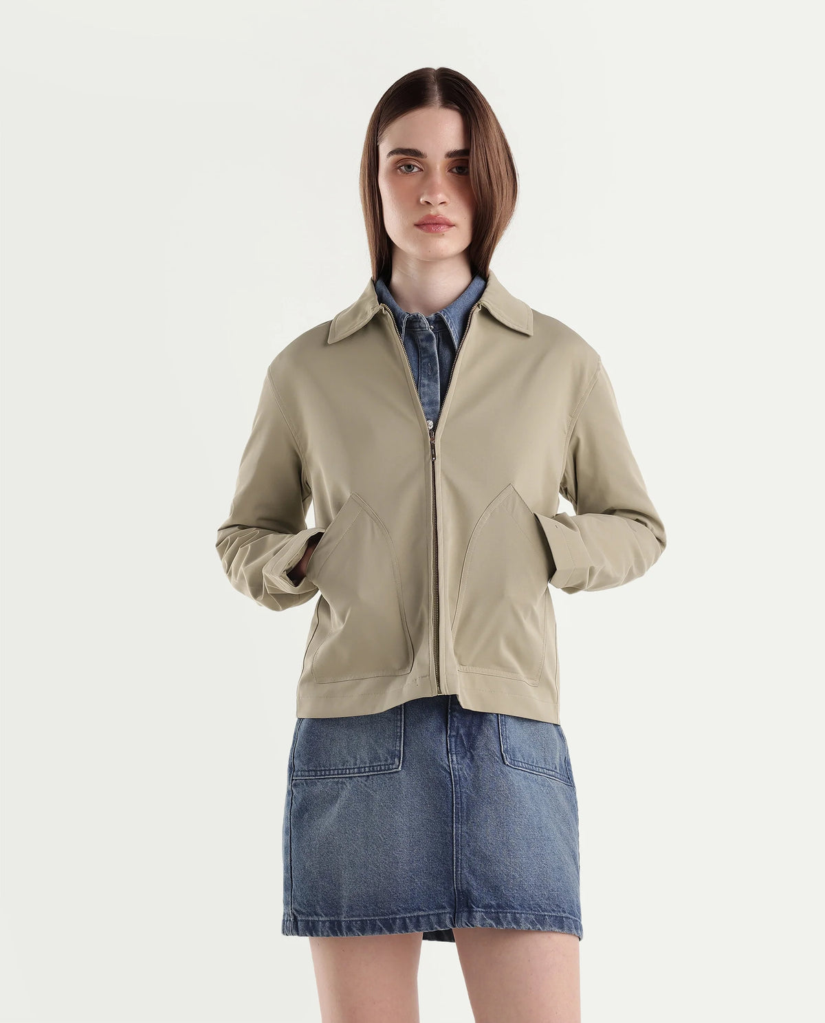 Rareism Women's Kru Beige Polyester Spread Collar Zipper Regular Plain Jacket - image 6