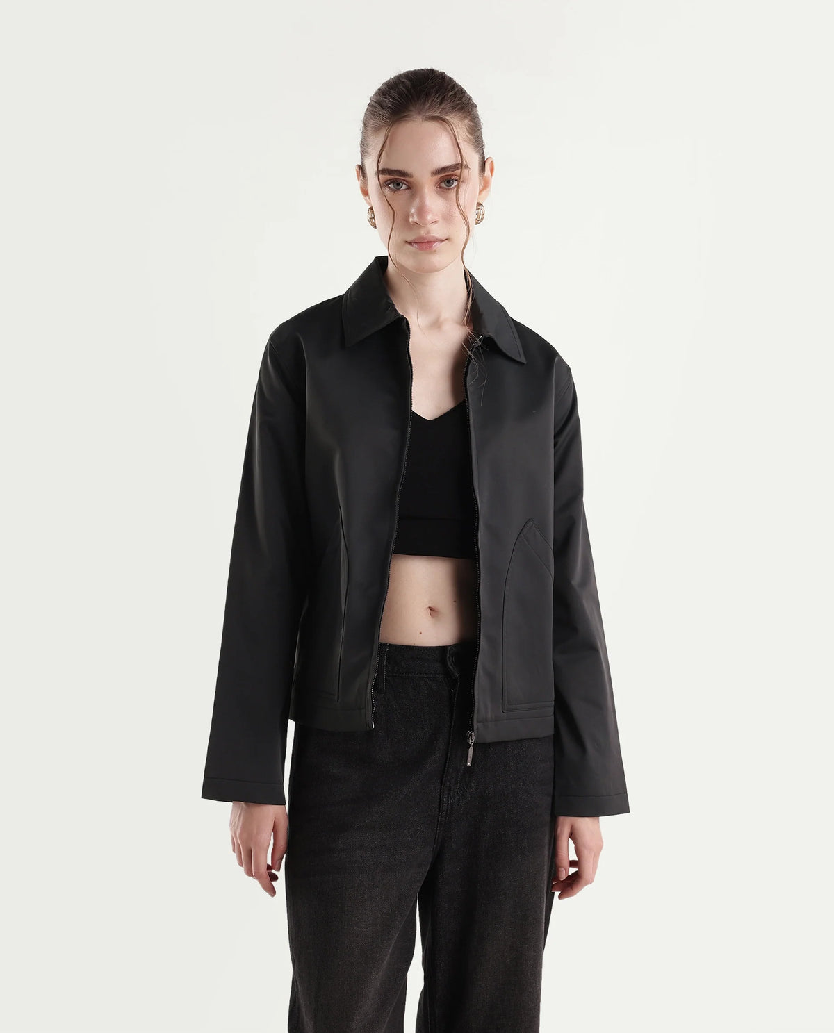 Rareism Women's Kru Black Polyester Spread Collar Zipper Regular Plain Jacket - image 6