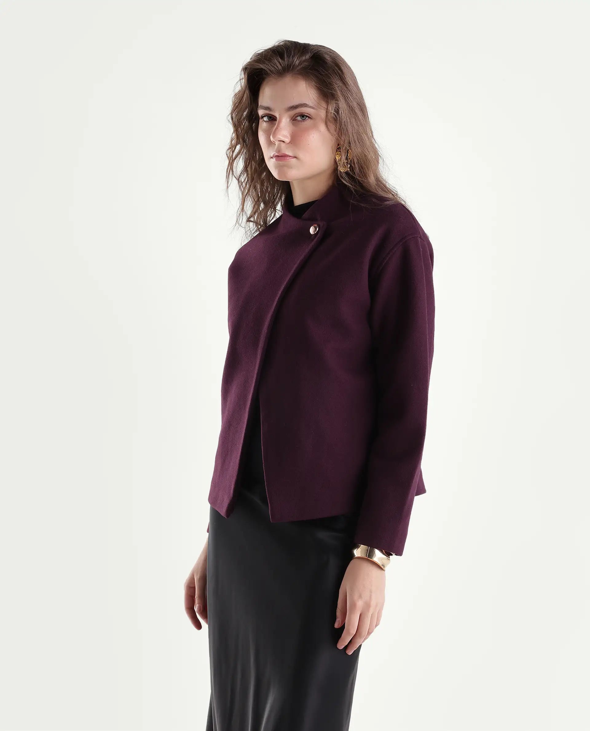 Rareism Women's Kyntra Dark Maroon Polyester Blend Over Lap Button Regular Plain Jacket