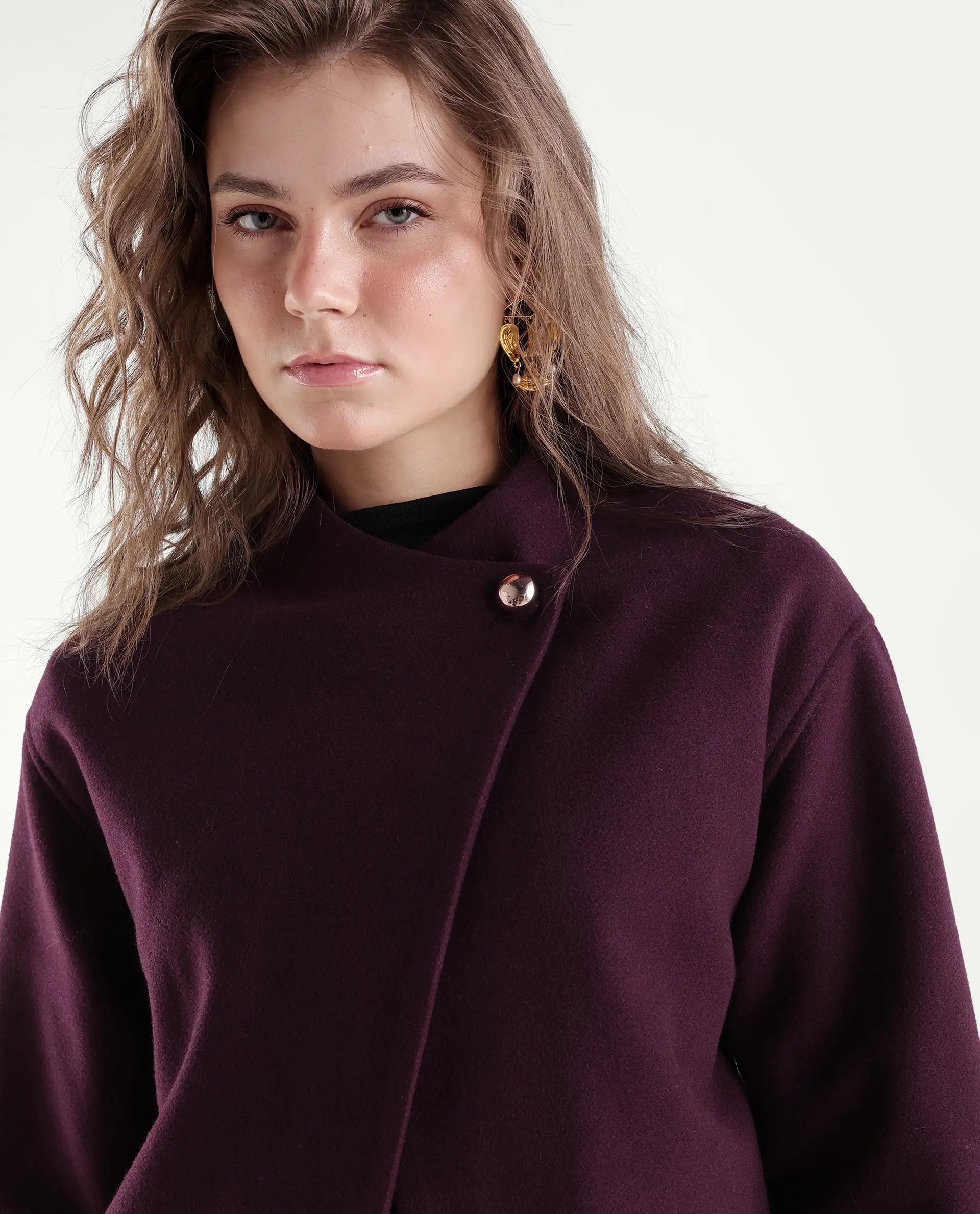 Rareism Women's Kyntra Dark Maroon Polyester Blend Over Lap Button Regular Plain Jacket