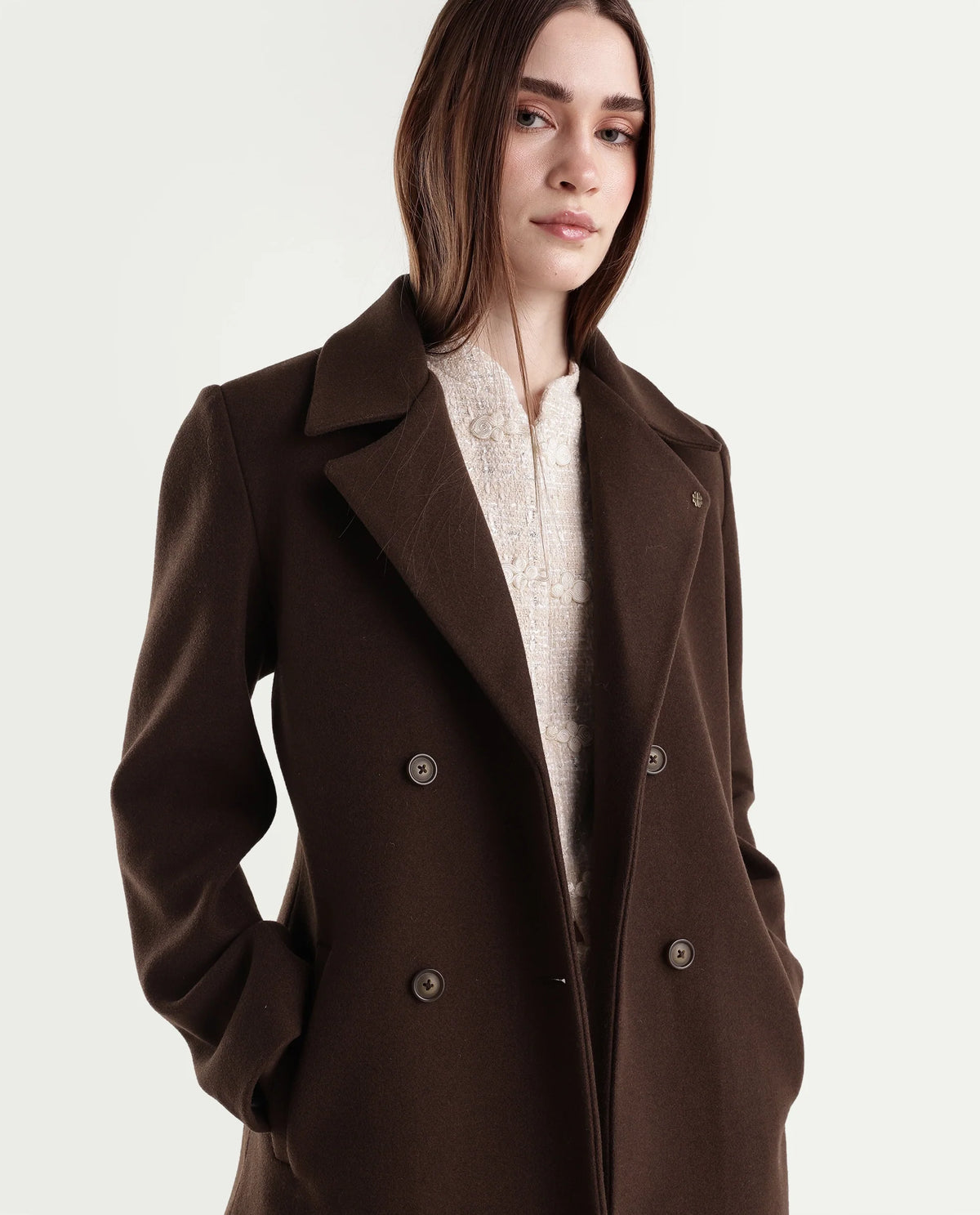 Rareism Women's Kerest Brown Polyester Blend Lapel Neck Button Regular Plain Coat - image 3