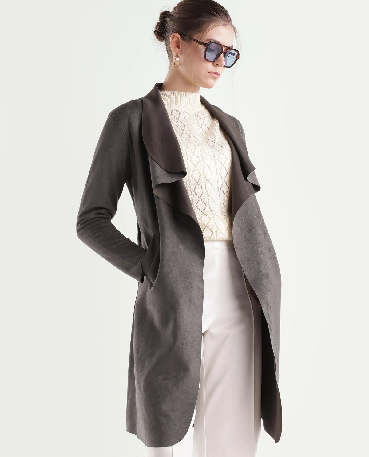 Rareism Women's Palmeraw26 Dusky Brown Polyester Blend Waterfall Relaxed Plain Coat