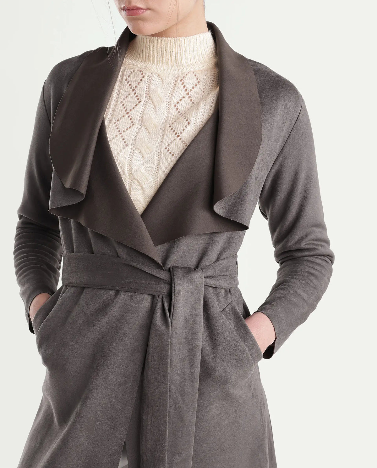 Rareism Women's Palmeraw26 Dusky Brown Polyester Blend Waterfall Relaxed Plain Coat