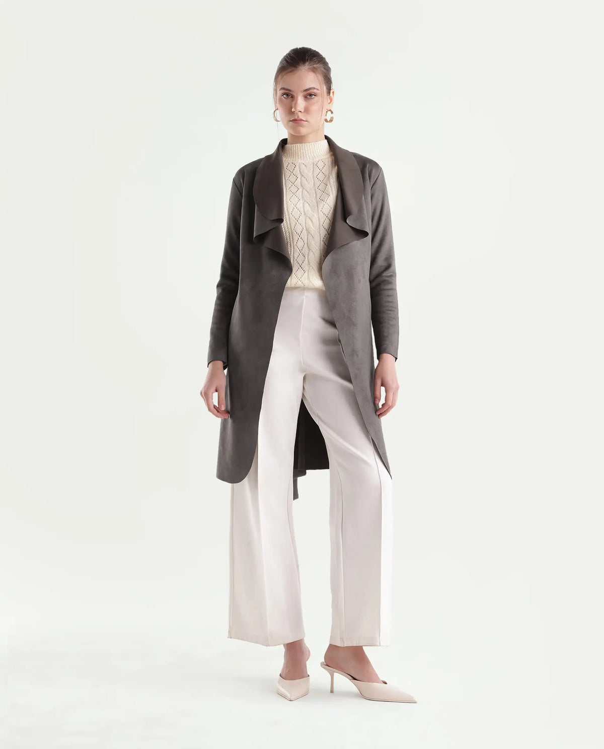 Rareism Women's Palmeraw26 Dusky Brown Polyester Blend Waterfall Relaxed Plain Coat