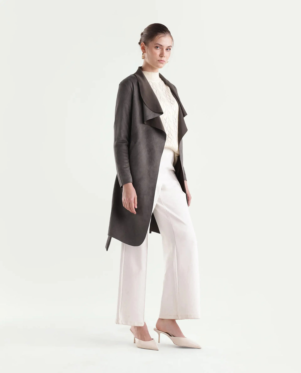 Rareism Women's Palmeraw26 Dusky Brown Polyester Blend Waterfall Relaxed Plain Coat