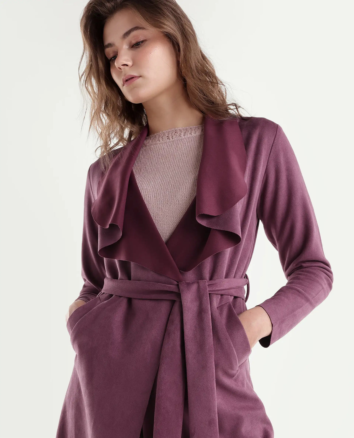 Rareism Women's Palmeraw26 Dark Pink Polyester Blend Waterfall Relaxed Plain Coat