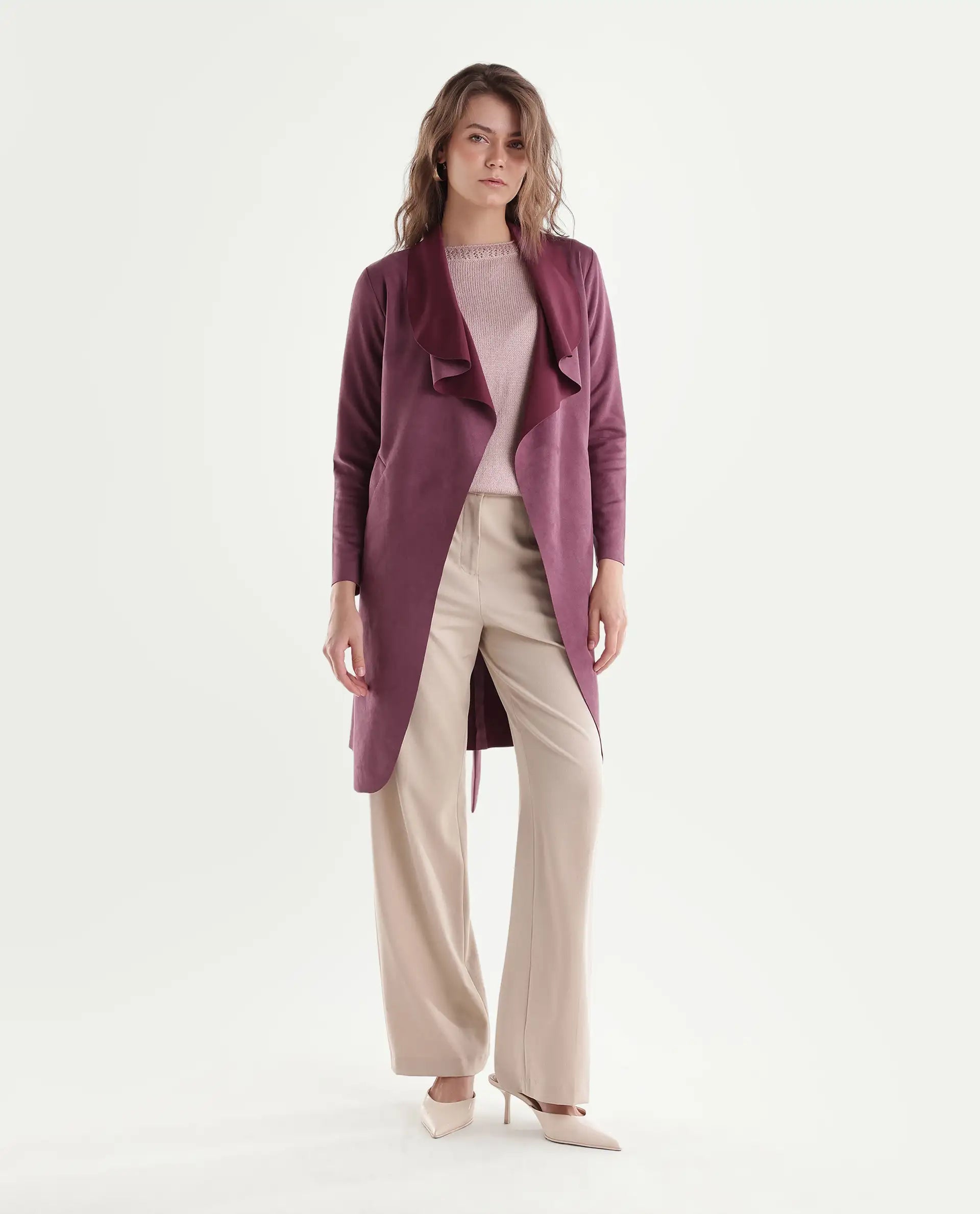 Rareism Women's Palmeraw26 Dark Pink Polyester Blend Waterfall Relaxed Plain Coat