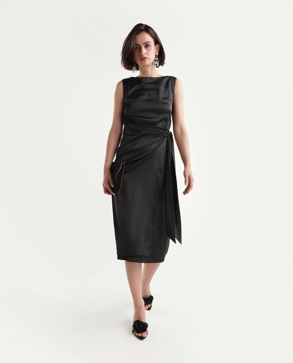 Rareism Women's Onprap Dark Black Polyester Blend Button And Zip Wrap Plain Dress - image 1