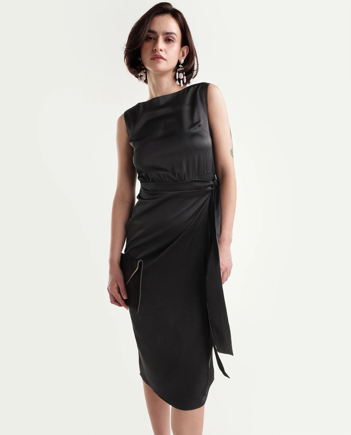 Rareism Women's Onprap Dark Black Polyester Blend Button And Zip Wrap Plain Dress - image 6